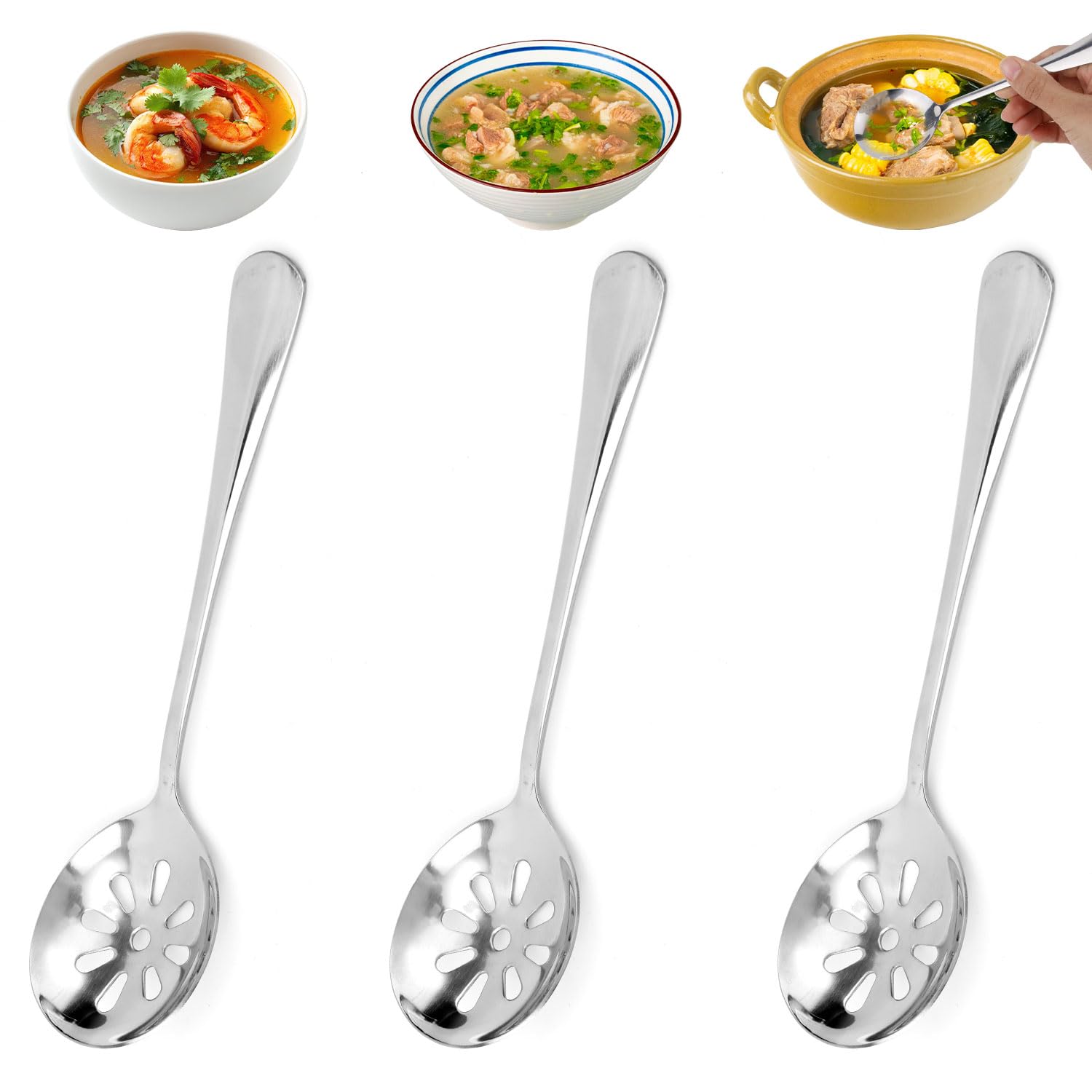 3pcs Slotted Spoons for Soups Dips Cereals, 7.87x1.97in/20x5cm 9Hole Stainless Steel Metal Slotted Serving Spoons for Cooking B