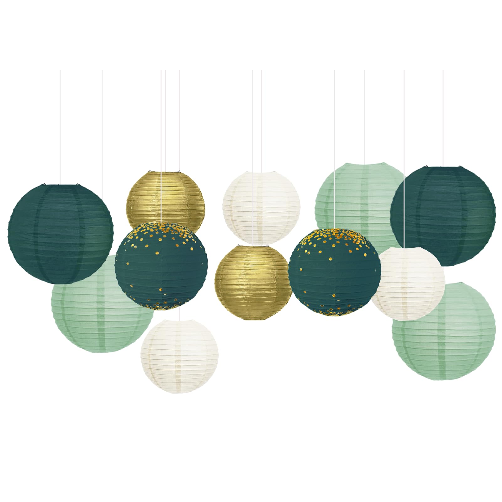 NICROLANDEE Wedding Party Decorations - 12Pcs Green Gold Hanging Paper Lanterns for Rustic Style Spring Decor Bridal Shower Baby Shower Birthday Eucalyptus Neutral Party Decor (Forest Green)