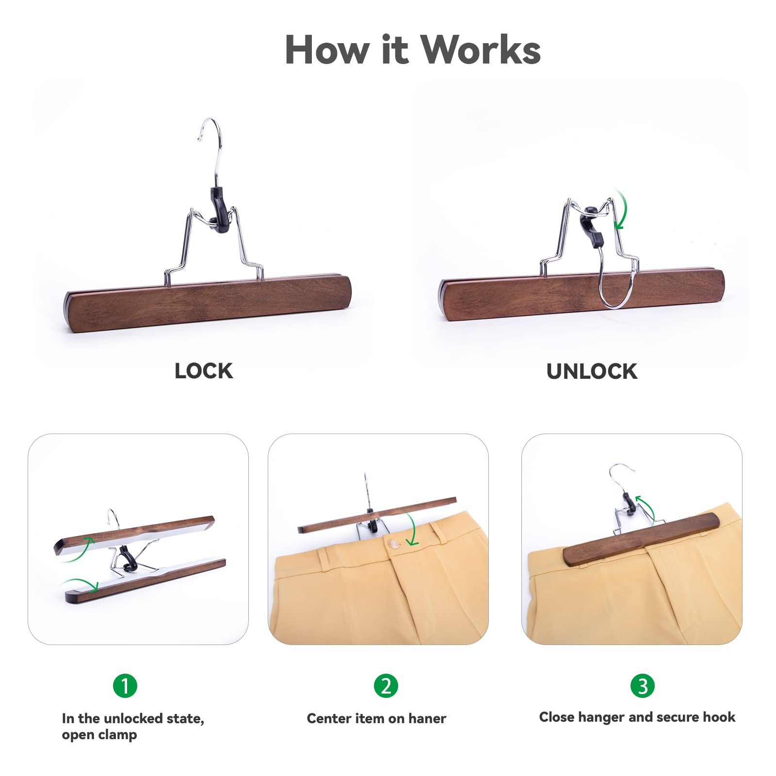 Nature Smile Wooden Pants Hangers 20 Pack Non Slip Skirt Hangers, Smooth Finish Solid Wood Clamp Hangers Hair Extension Hangers