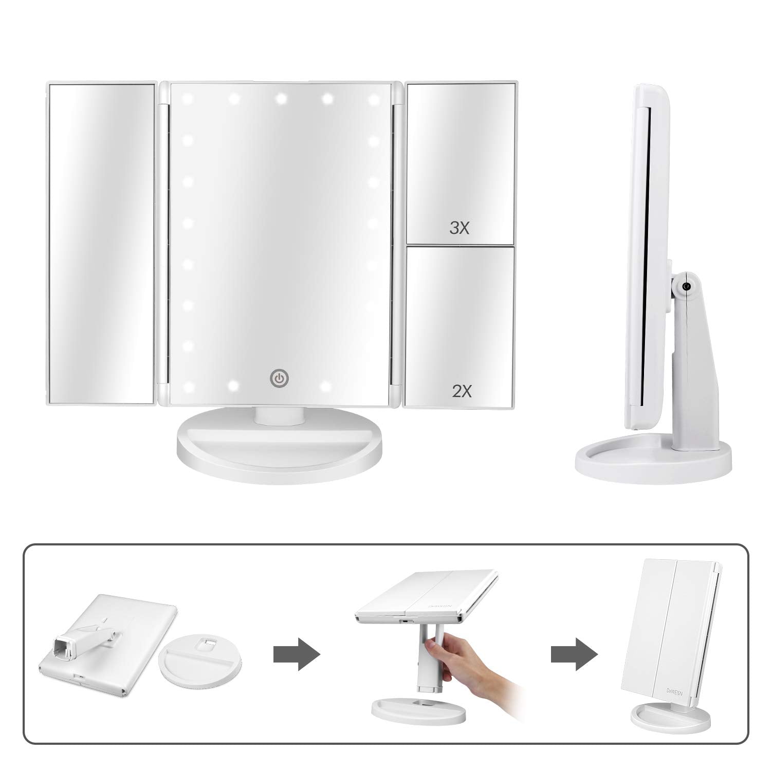 Deweisn Floor Mount Tri-Fold Lighted Vanity Mirror With 21 Led Lights, Touch Screen And 3X/2X/1X Magnification, Two Power Supply