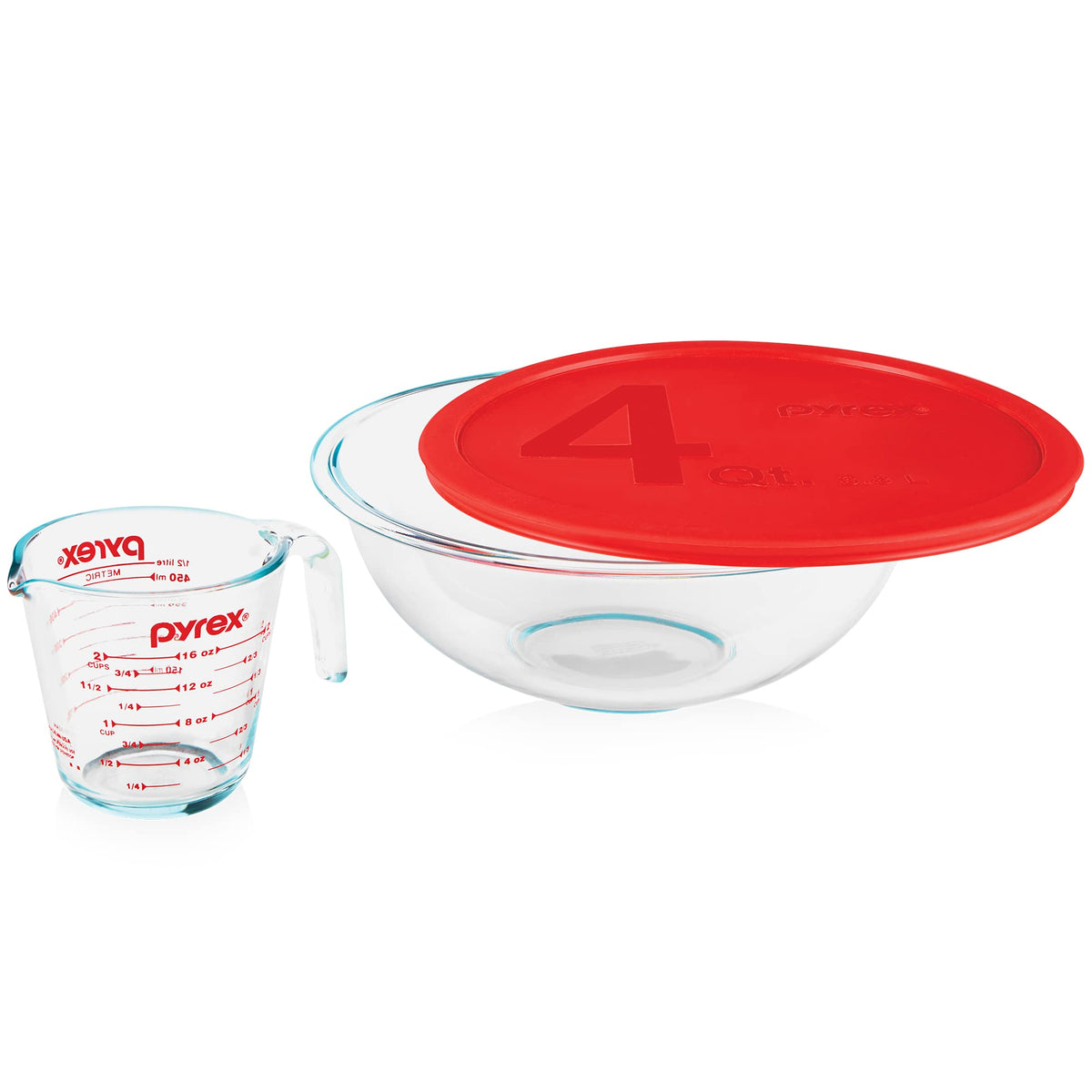 Pyrex Smart Essentials 3-Piece Glass Prep Set, 4-Qt Glass Mixing Bowl With Lid And 2-Cup Measuring Cup, Dishwasher, Microwave An