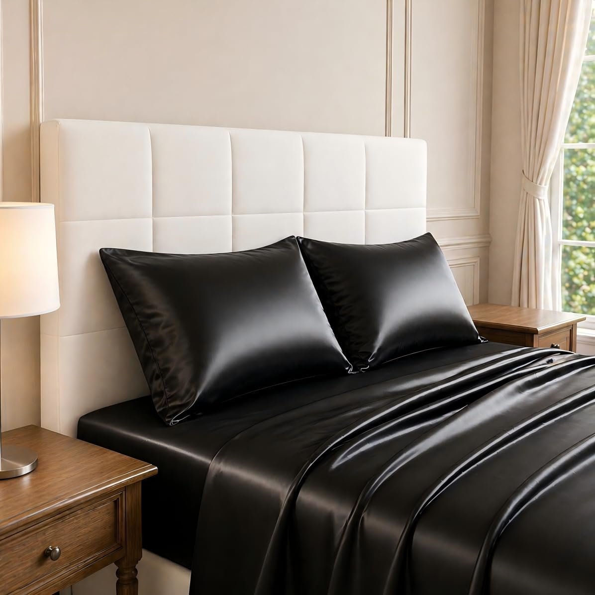 Cozyxworld Satin Sheets Deep Pocket Solid Bedding Set Cooling Silky Smooth Bed Sheets Set Blk 4 Pcs Full Size