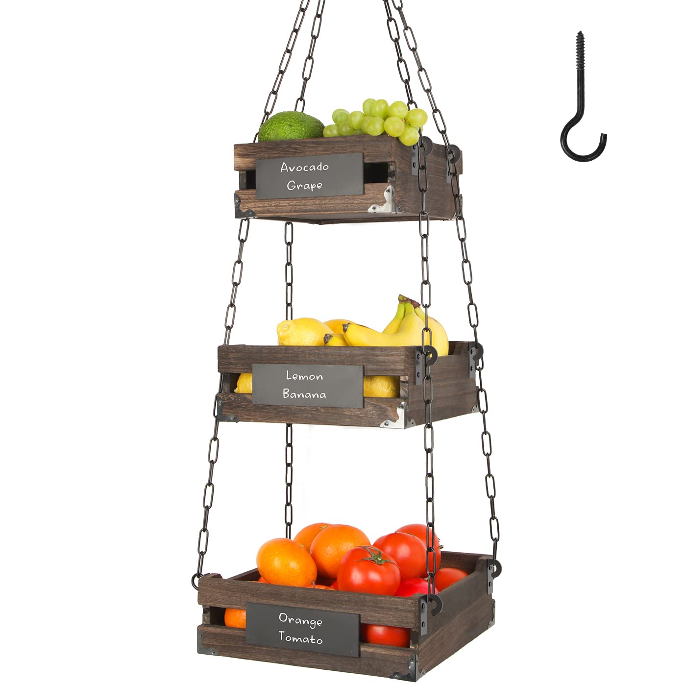 J Jackcube Design 3-Tier Rustic Wood Hanging Fruit Basket, Kitchen Fruit, Vegetable Storage Organizer, Countertop Space Saver- H
