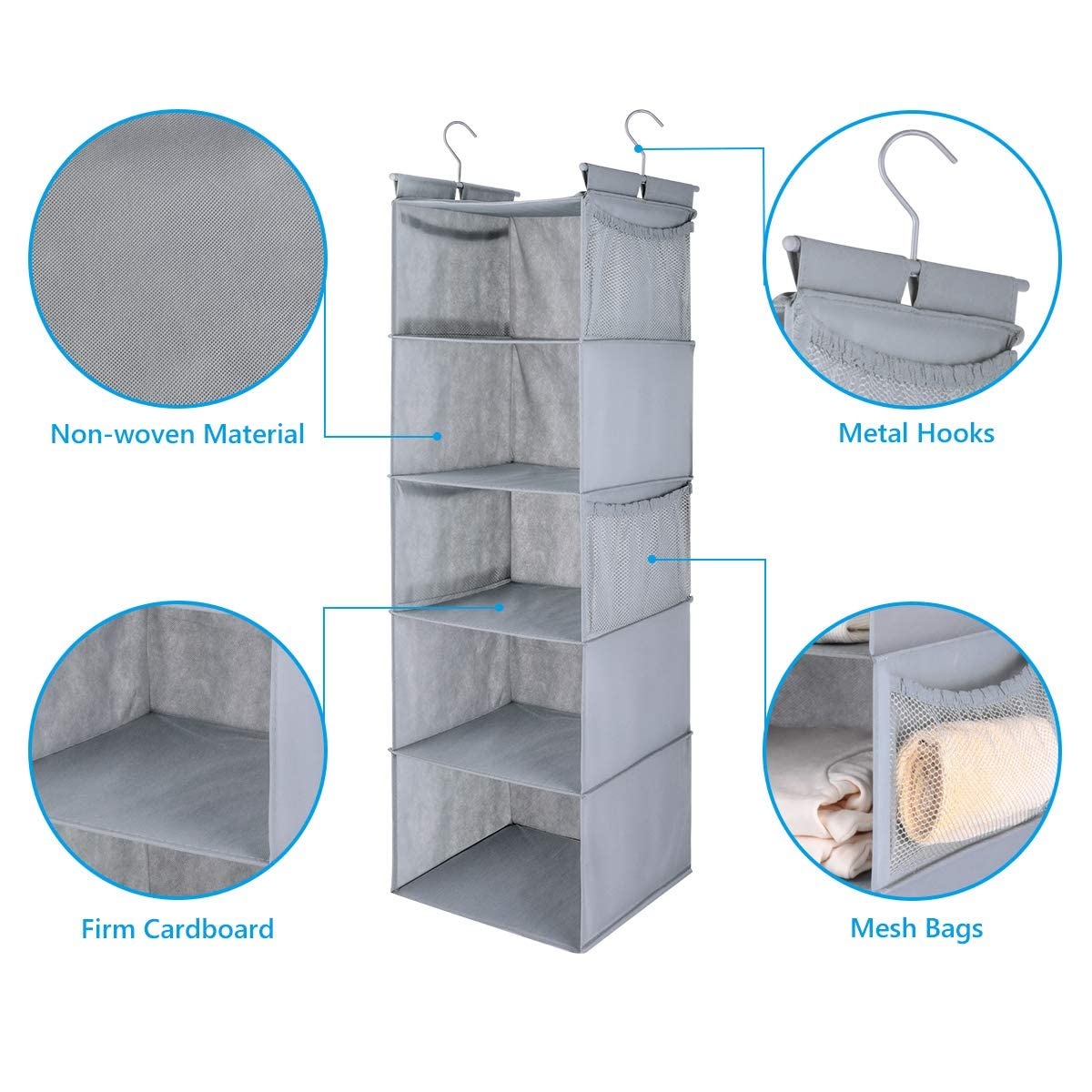 Max Houser 5 Shelf Hanging Closet Organizer,Space Saver, Closet Hanging Shelves With (4) Side Pockets,Foldable,Light Grey