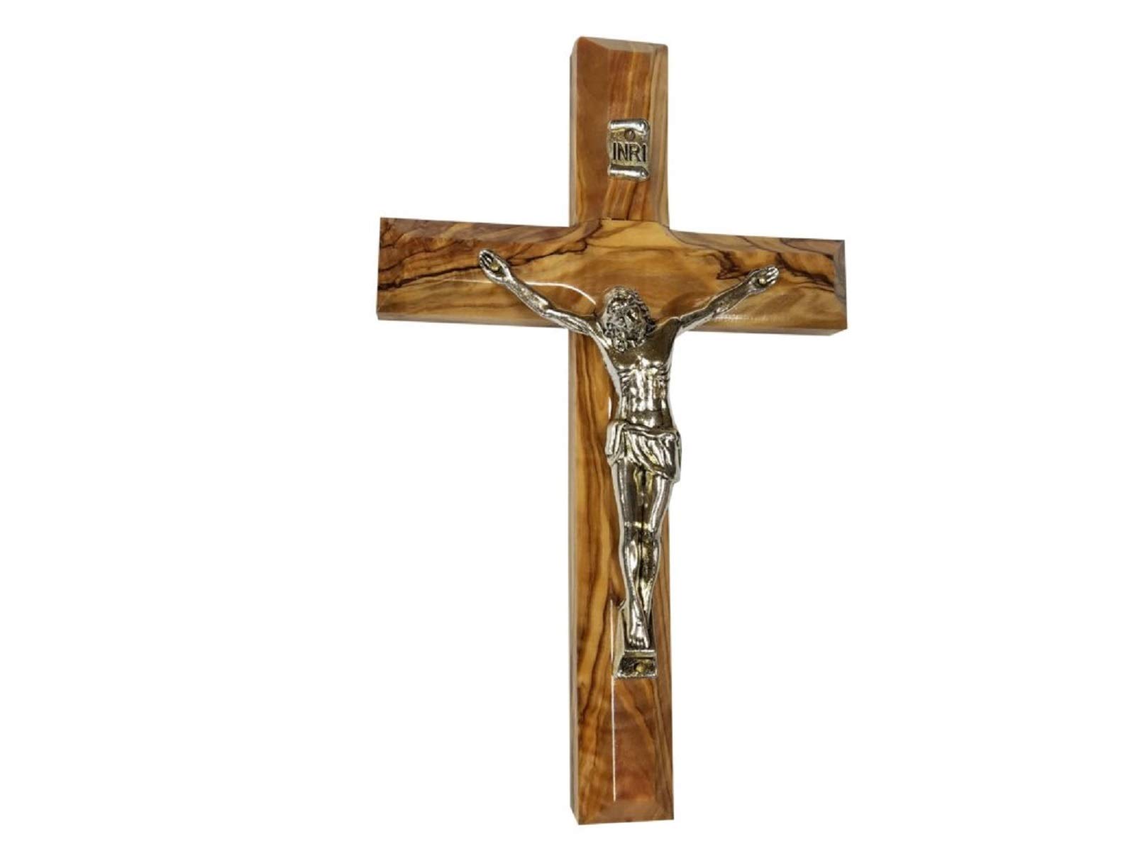 Bethlehem Gifts TM Bethlehem Olive Wood Wall Cross with Silver Crucifix (7.5 inches)