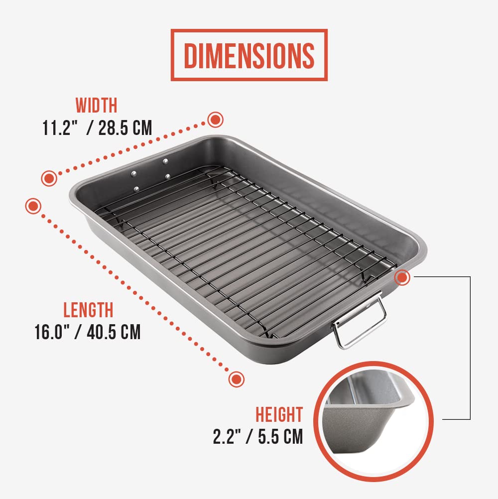 Chef Pomodoro Nonstick Carbon Steel Large Roasting Pan With Rack, Turkey Roasting Pans For Oven, Roaster Pan With Flat Rack, Tur