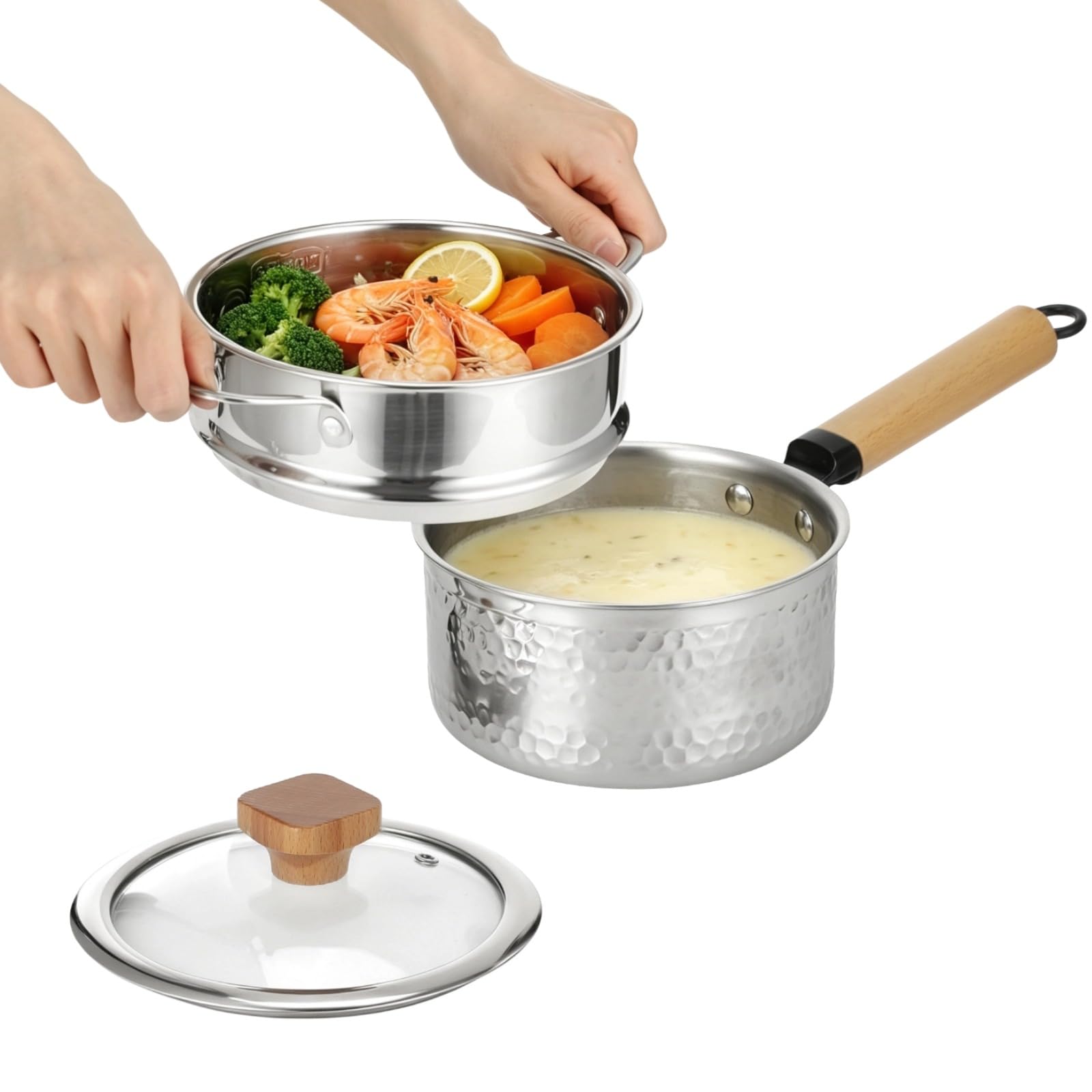 2 Qt Hammered Stainless Steel Saucepan with 6.3 in Steamer Basket, 316 Multilayer Composite Steel Saucepan with HeatResistant 