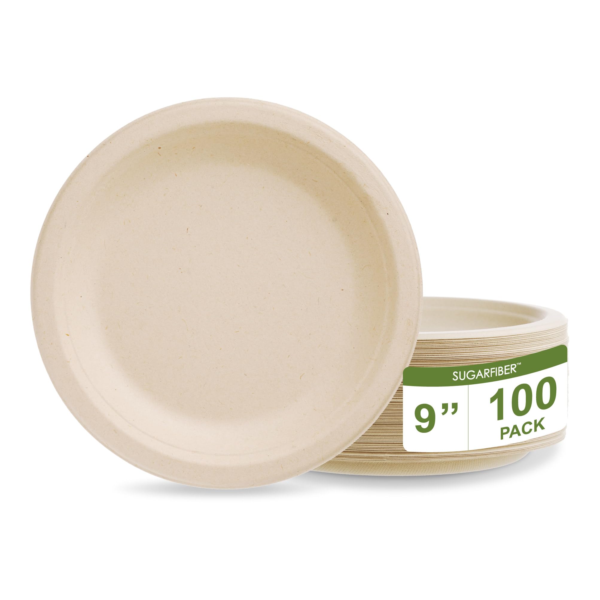 [100 Count]Sugarfiber By Harvest Pack 9-Inch Round Disposable Compostable Paper Plates, Heavy-Duty Natural Bagasse Biodegradable