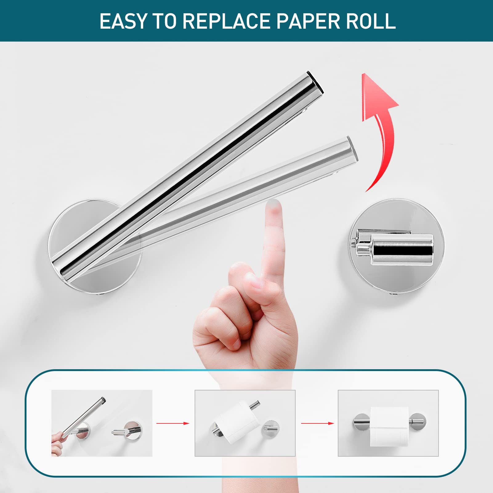 POKIM Chrome Toilet Paper Holder - Polished Metal Bathroom Flexible Pivot Tissue Roll Holder on Wall Mounted  Sturdy SUS 304 Stainless Steel Toilet TP Large Mega Roll Holder Modern Silver