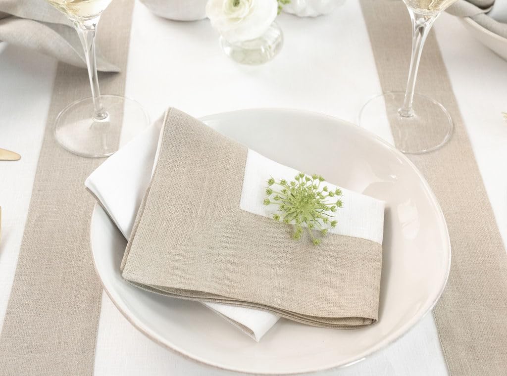 Solino Home Linen Dinner Napkins 20 X 20 Inch - 100% Pure Linen Natural And White Cloth Napkins Set Of 4 - Contempo, Handcrafted