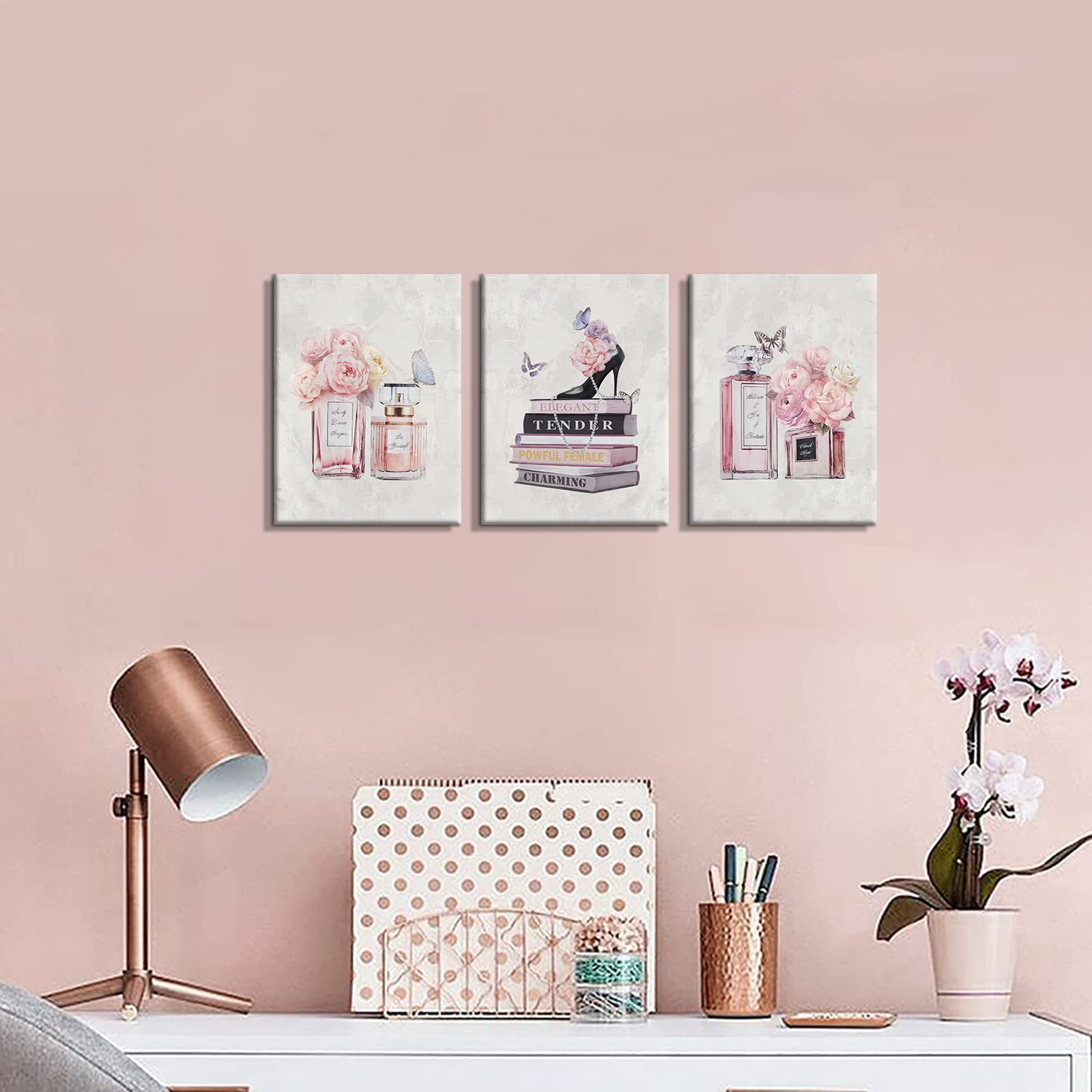 Wanboya Fashion Women Canvas Wall Art Pink Flower Perfume Modern Art Prints With Book High Heel 3 Pieces Canvas Pictures Girl Ro