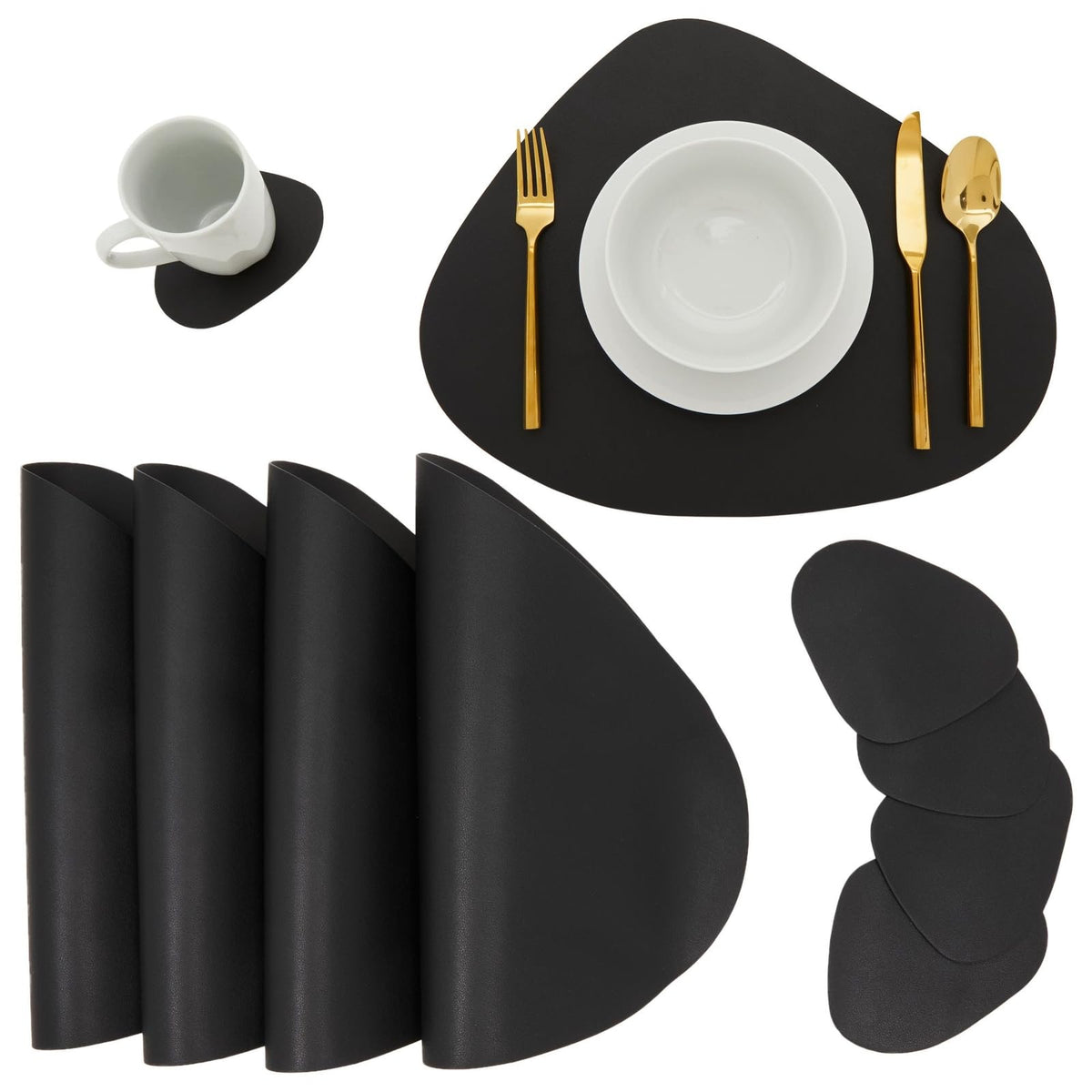 Juvale Set Of 4 Wedge Placemats With Matching Coasters For Kitchen, Dining Table (Black, Faux Leather, 8 Pieces)