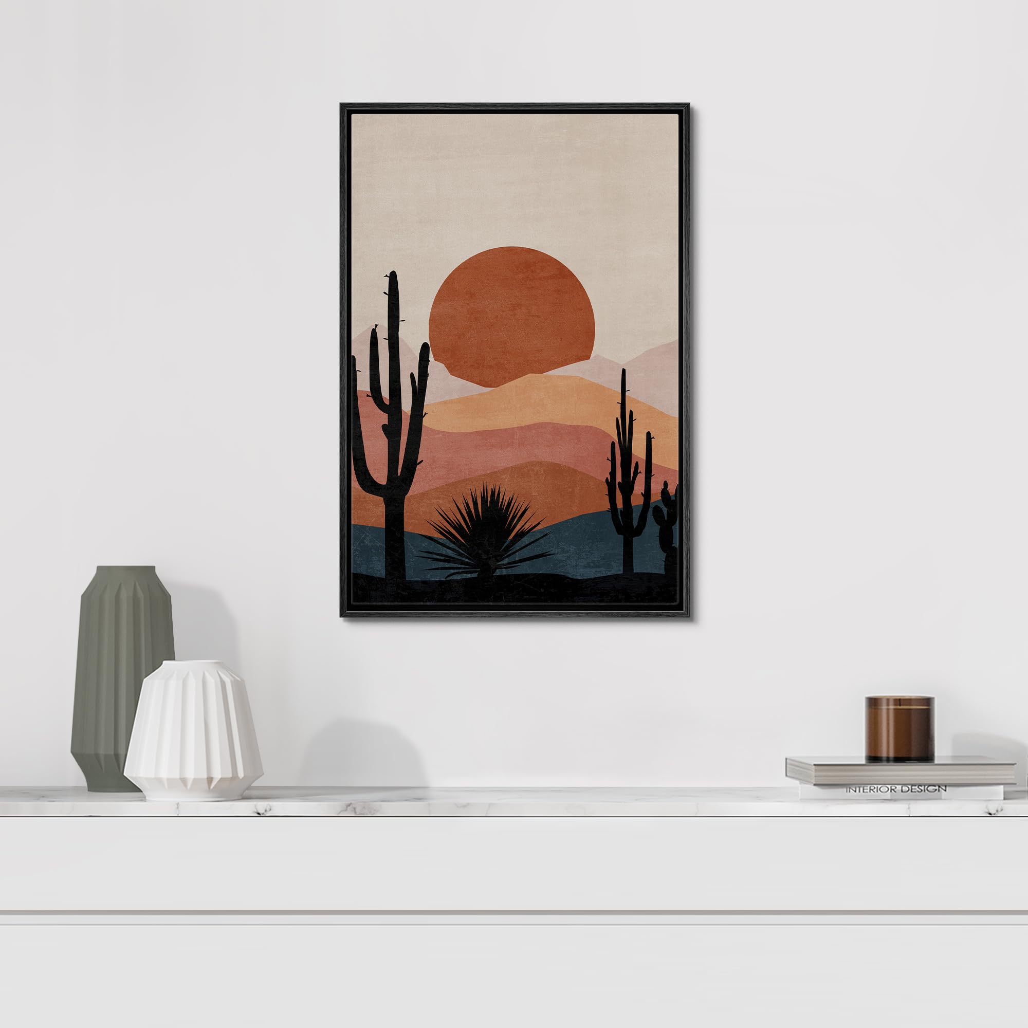 Signford Framed Canvas Print Wall Art Sunset In The Desert With Cacti Silhouettes Nature Wilderness Illustrations Modern Art Dec