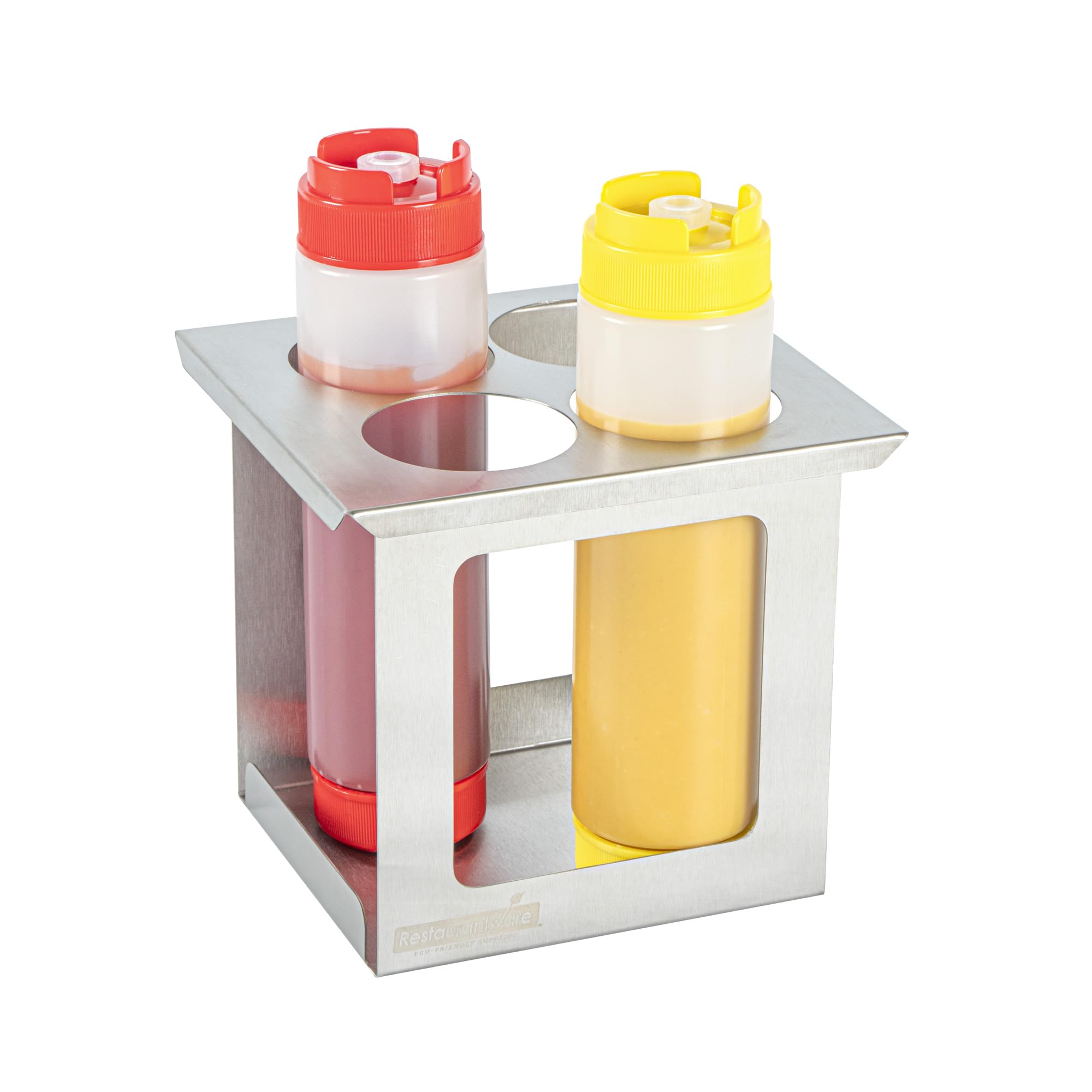 Restaurantware Squeeze Bottle Holder 1 Count 6.30 x 7.01 x 6.26 Inches Stainless Steel Condiment Organizer - Four-Hole Durable K