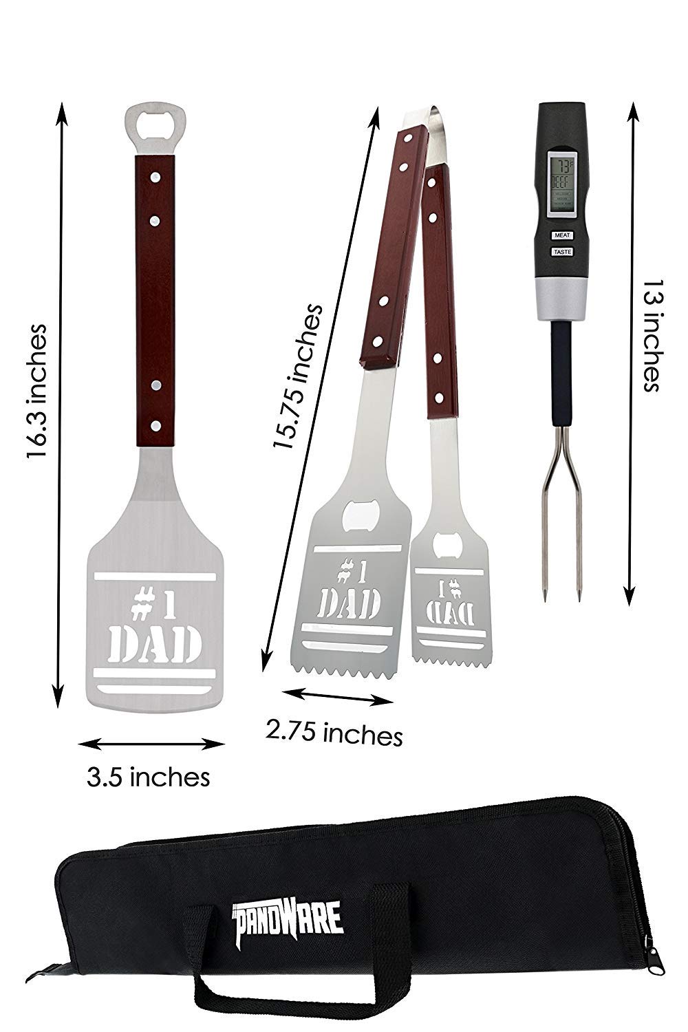 Panoware BBQ Grill Tools Set Gift for Dad  4 Piece Set  Number 1 Dad Tongs  Spatula  Digital Thermometer and Case