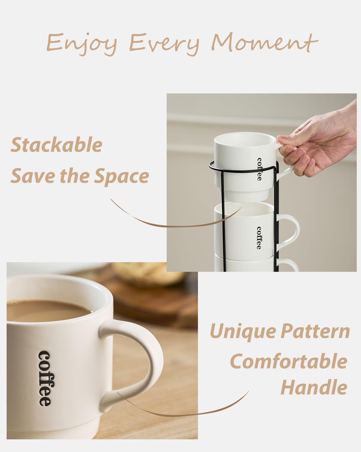 Lauchuh Coffee Mugs Set Of 4, 15 Ounce Stackable Coffee Mugs With Rack Latte Cup Porcelain Mugs For Coffee, Tea, Hot Cocoa, Milk
