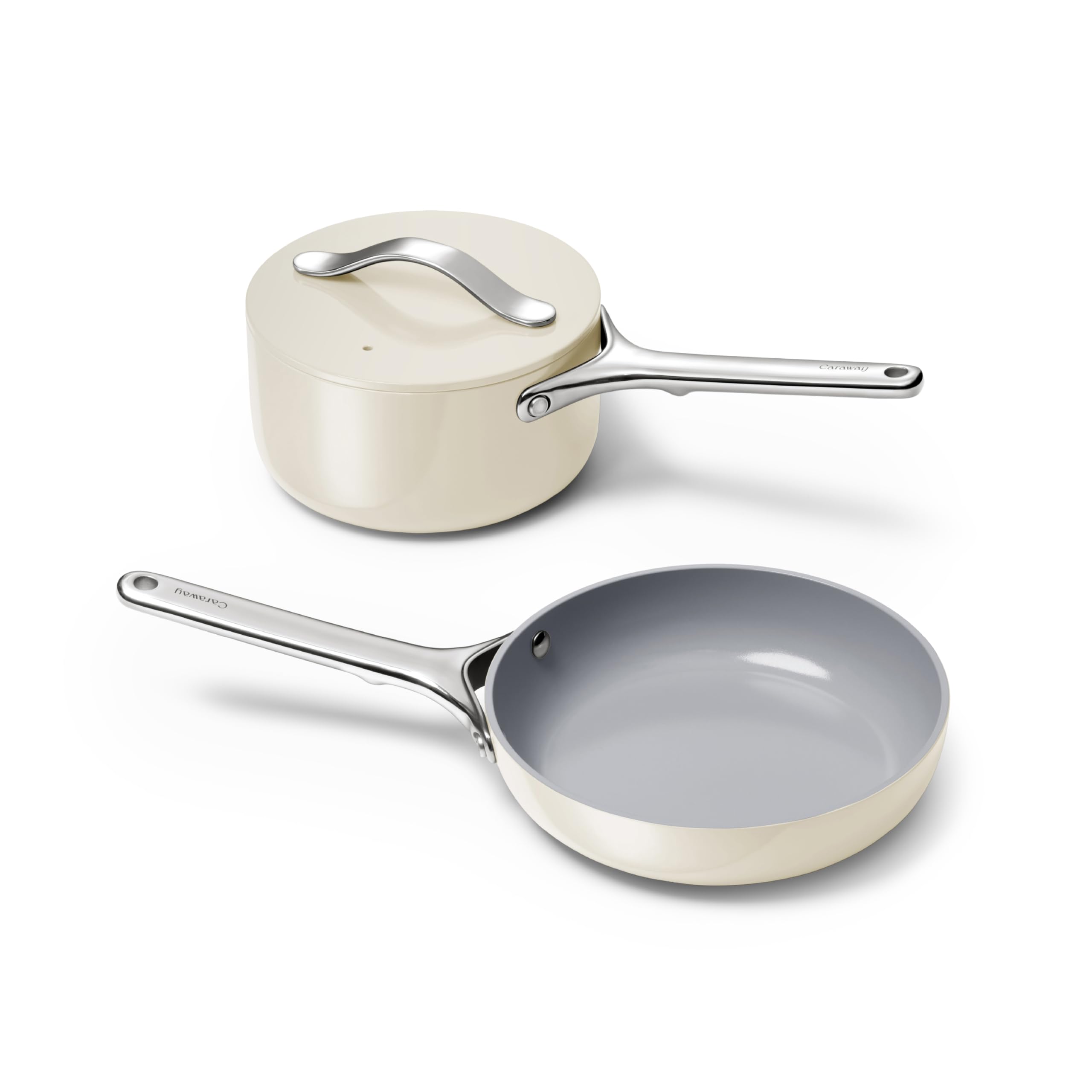 Caraway Mini Cookware Set - Non-Stick Ceramic Fry Pan (1.05 qt, 8) Sauce Pan (1.75 qt) & Storage Rack - Non Toxic, PTFE & PFOA F