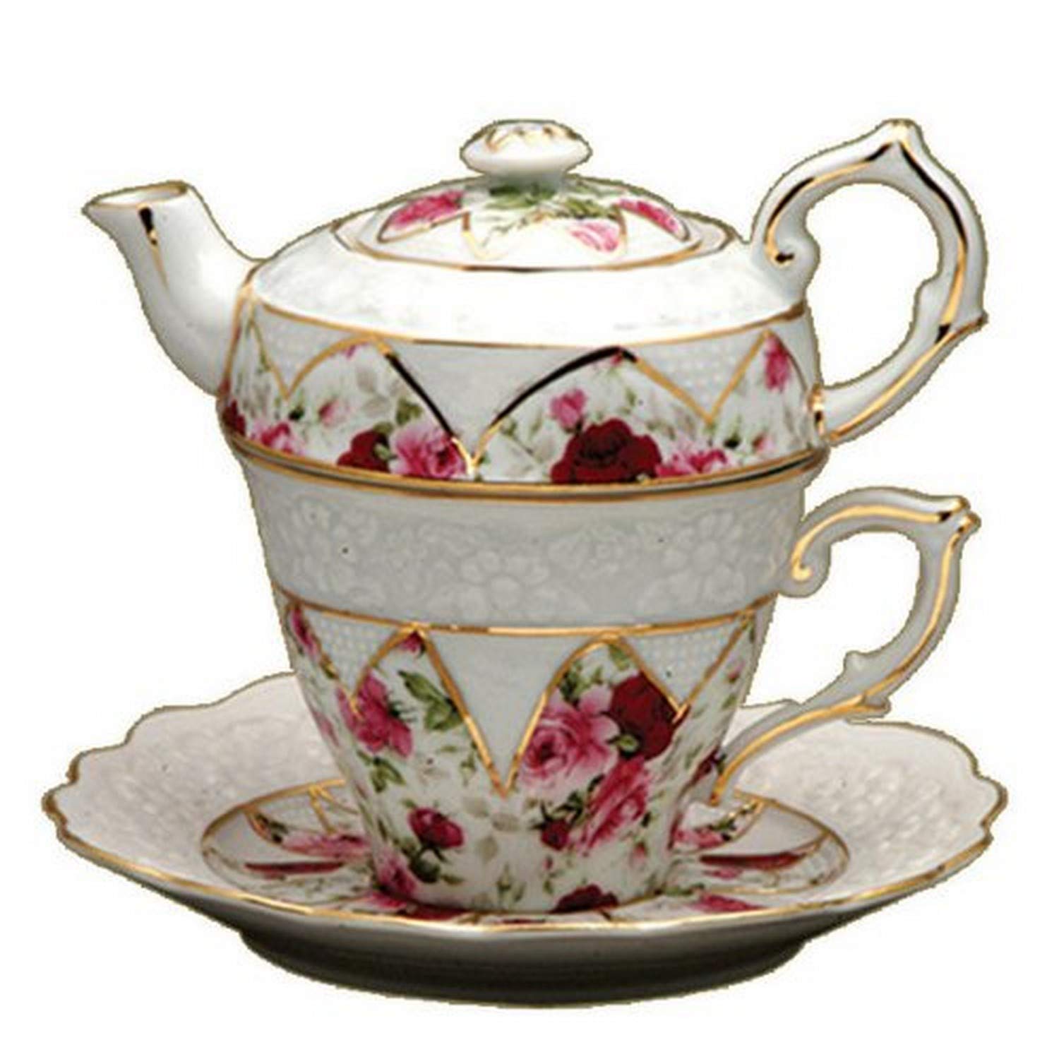 Gracie China By Coastline Imports 4-Piece Porcelain Tea For One, Stacked Teapot Cup Saucer, Red Rose