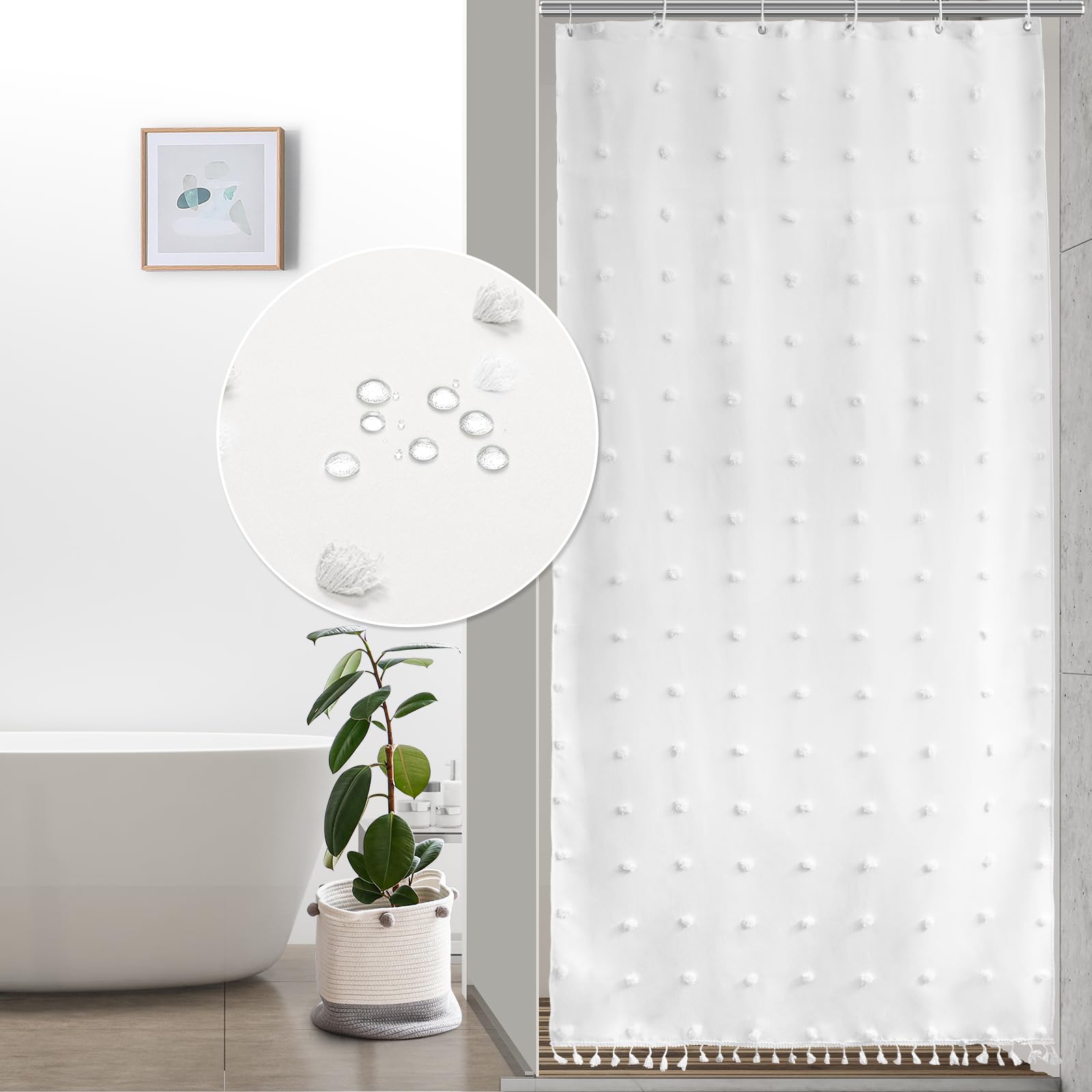Lilycat Boho Farmhouse White Fabric Shower Curtain, 72X78 Tufted Pleat Floral Puffs Textured Tassel Cute Rustic Vintage Shower C