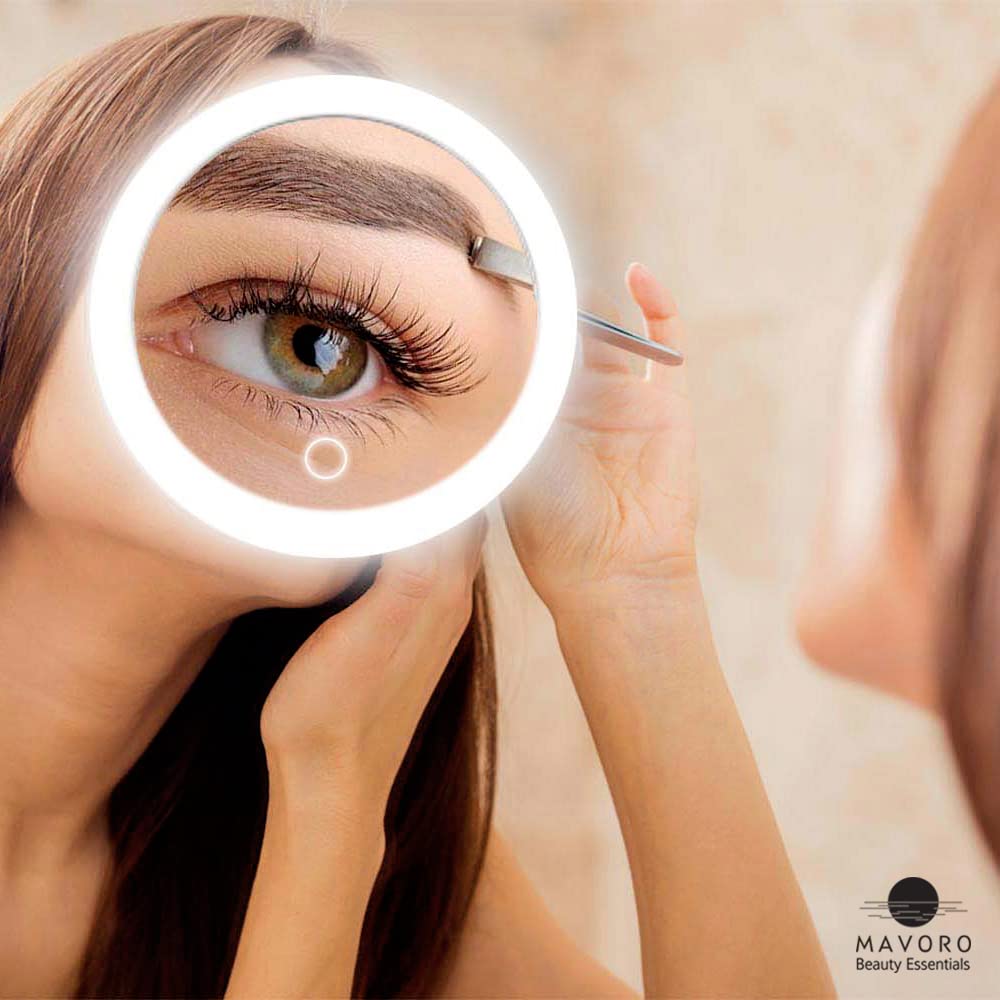 Mavoro Triple Suction Cup Magnifying Mirror With Light | Rechargeable | Magnified 10X Mirror Backlit Led Mirror. Compact, Portab