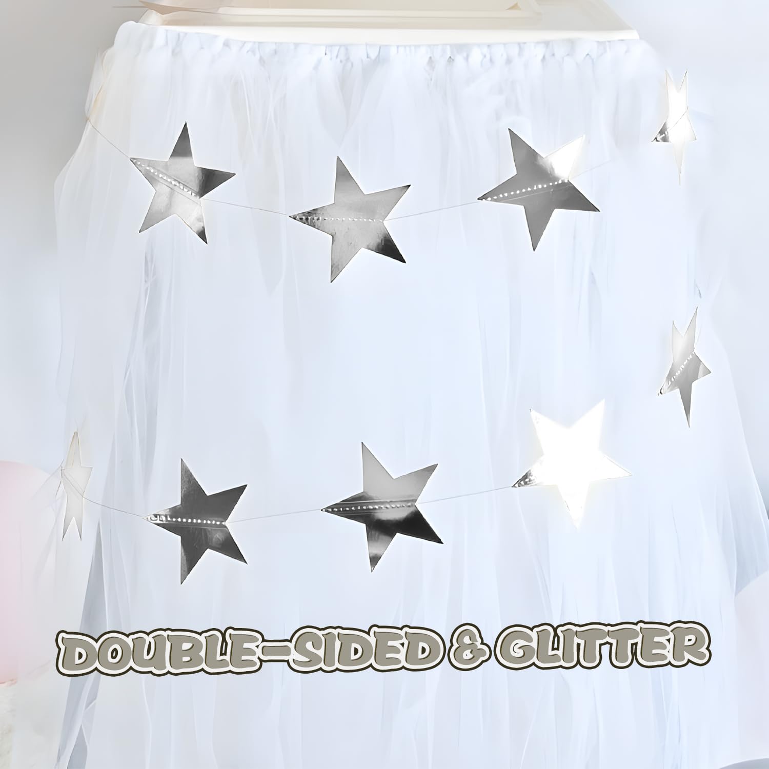 Yuqilin 158 Feet 12 Pcs Glitter Silver Star Garland Banner Decoration Reflective Sparkle Little Star Paper Hanging Decor Double