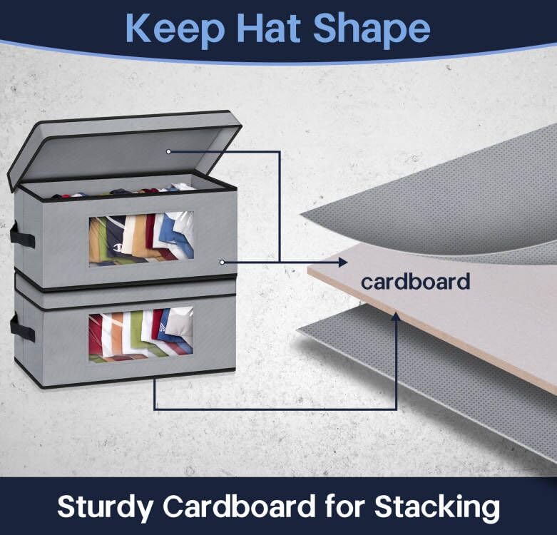 Sleeping Lamb Stackable Hat Organzier For Baseball Caps, 2 Pcs Hat Storage Boxes For Closet Hold 30 Caps With Cardboard, Grey