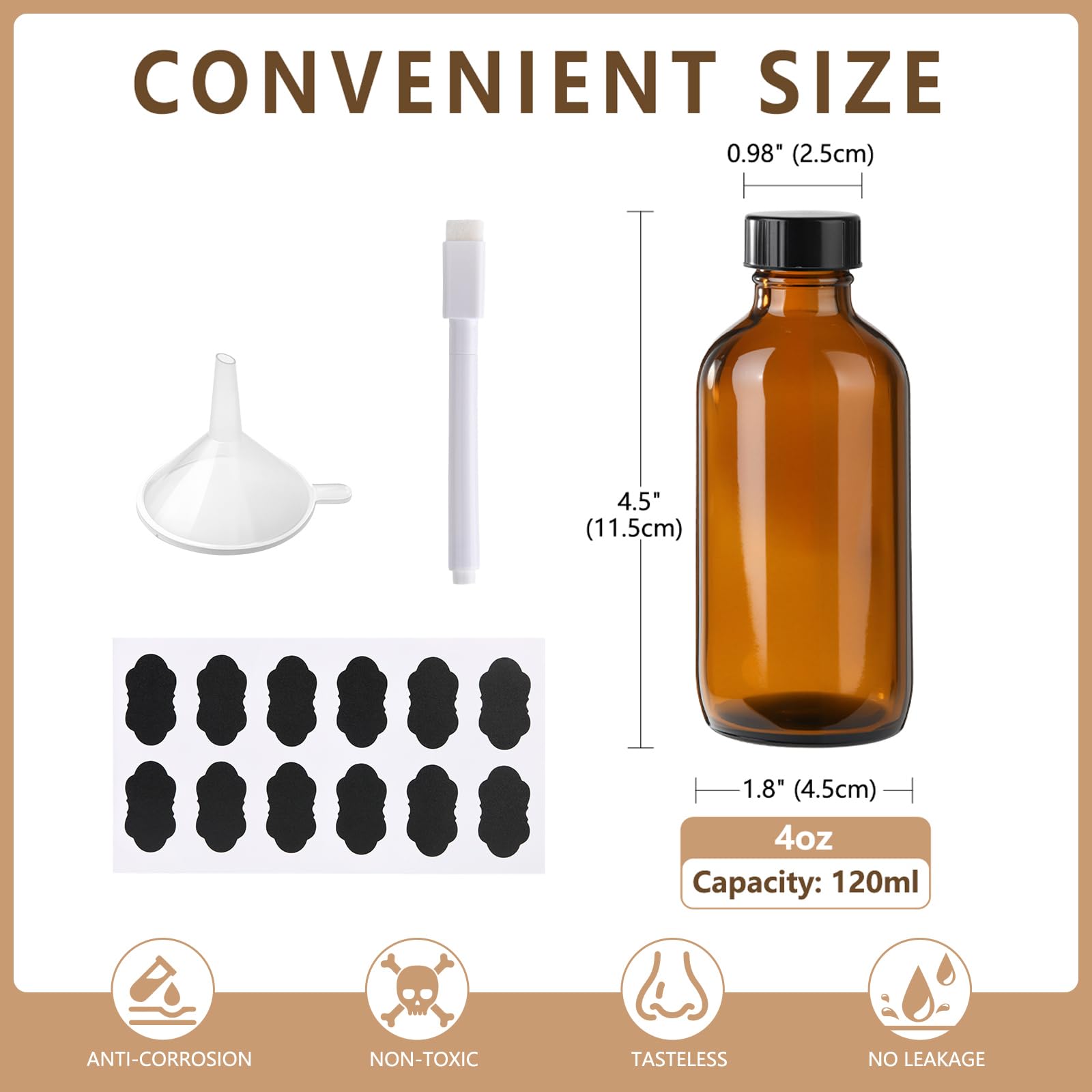 BPFY 24 Pack 4 oz Amber Boston Glass Bottle with Black Poly Cap  Funnel  Chalk Labels  Pen for Homemade Vanilla Extract  Essential Oils  Herbal Medicine  Wedding  Christmas  Holiday Gift