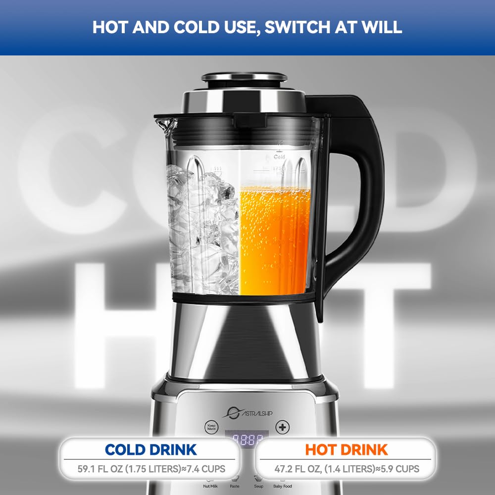 Ash01-S Stainless Steel Blender With Heating, 26000-60000Rpm High Speed Food Processors Blender For Kitchen, 1200W Glass Jar Ble