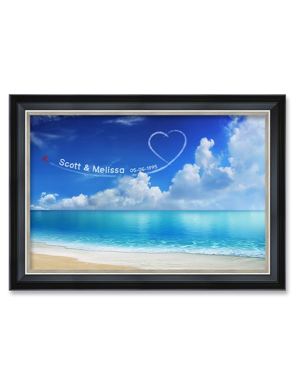 Ipic - Seaside Skywriting Personalized Framed Wall Art With Names And Date On, Giclee Prints Framed With Solid Wood, Custom Memo