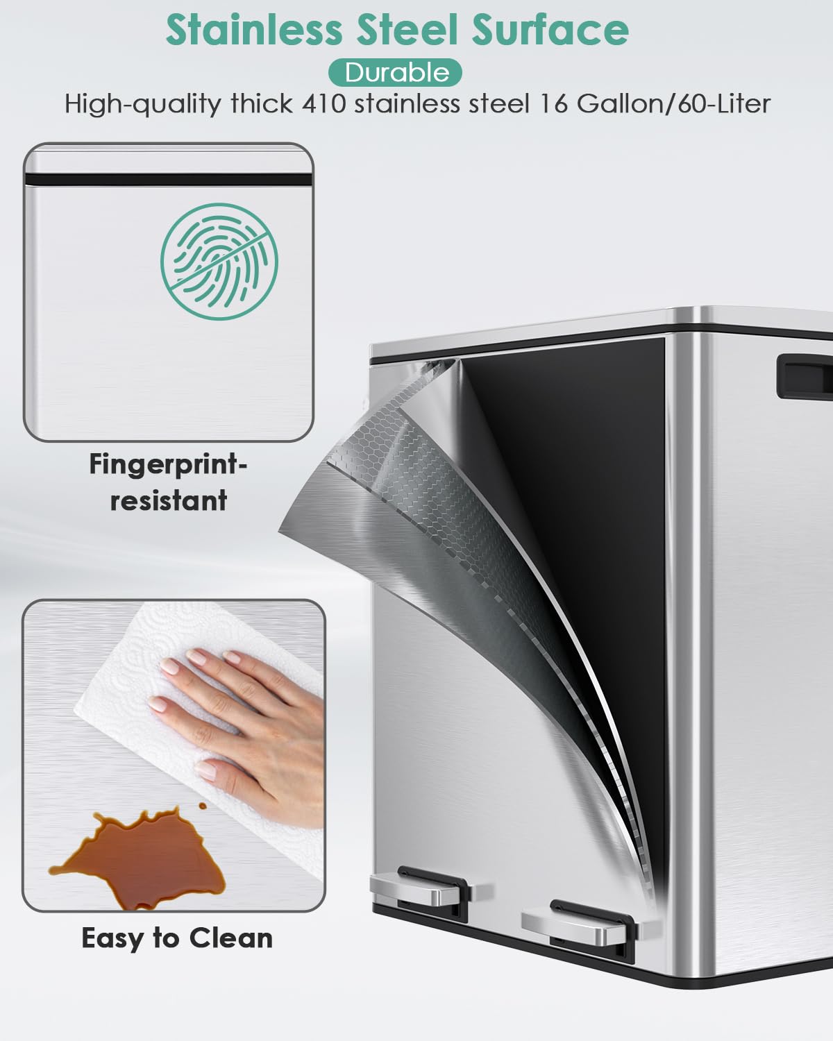 Athlike 60L(16 Gal) Dual Trash Can, Stainless Steel Kitchen Garbage Can, Double Compartment Classified Rubbish Bin, Recycle Dust