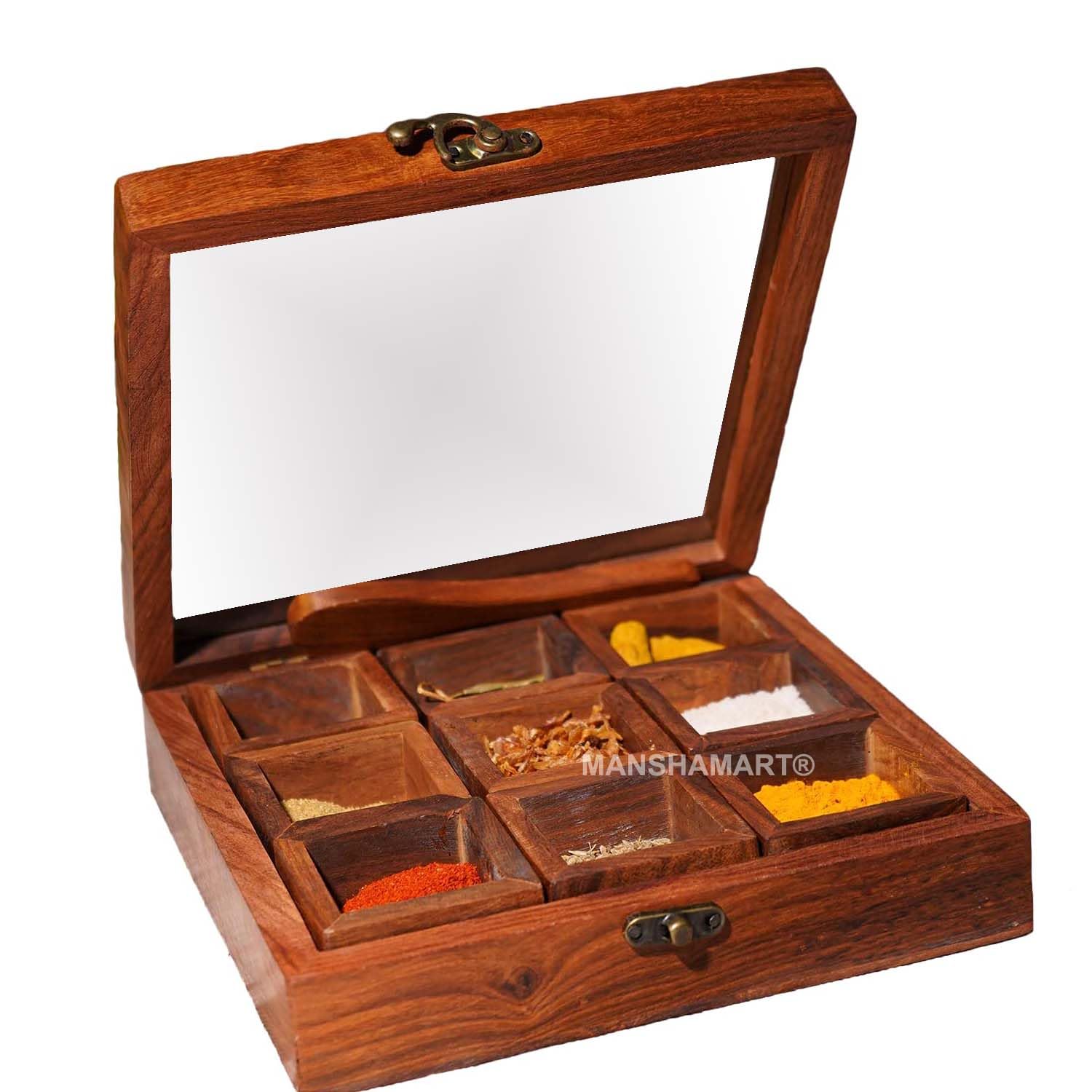 Manshamart Wooden Spice Box For Kitchen With 1 Spoons, Wooden Masala Box, Spice Box For Kitchen, Masala Dabba Wooden, Masala Dan