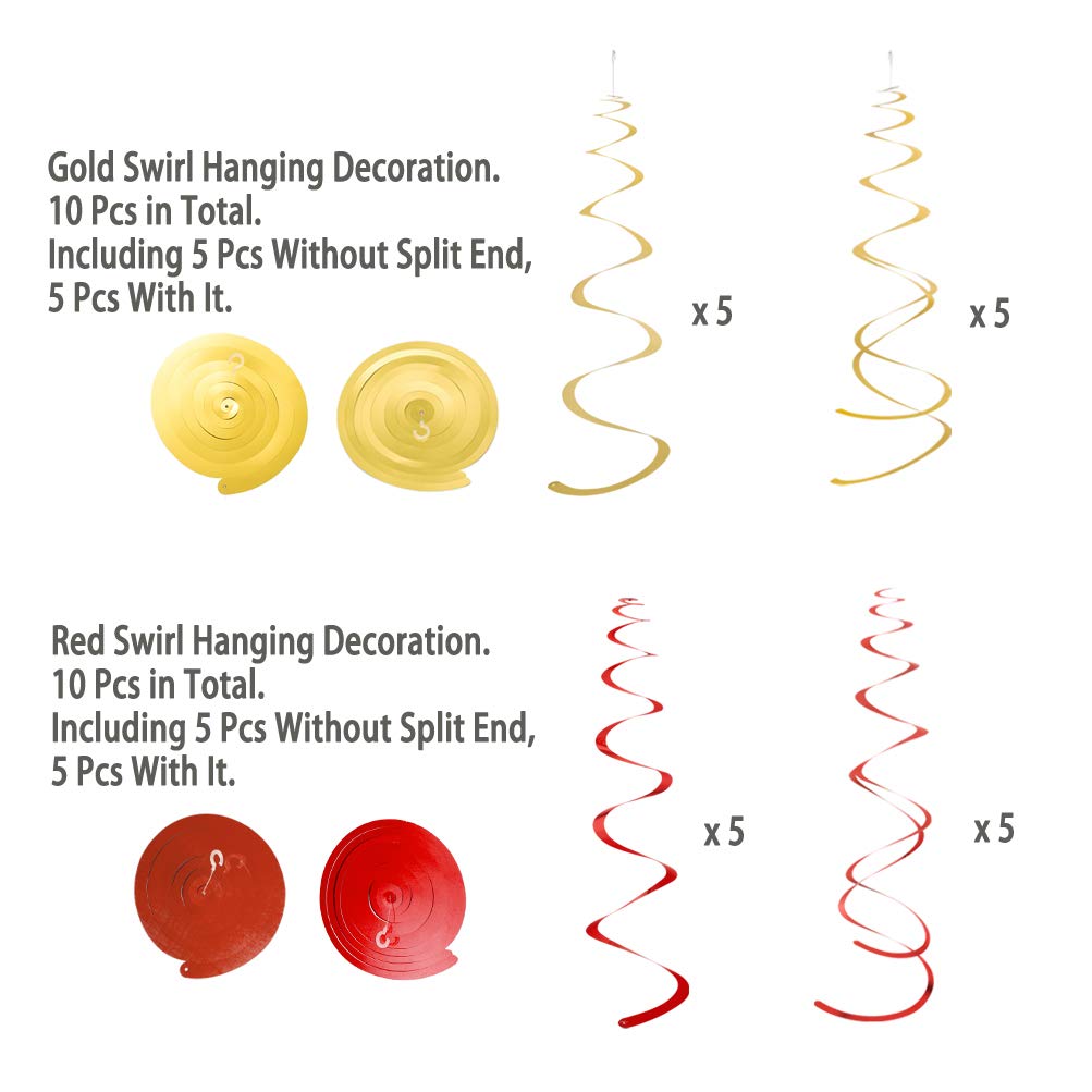 Mowo Gold And Red Foil Swirl Hanging Decoration For Birthday Graduation Wedding New Year Halloween Party Supplies,Pack Of 20