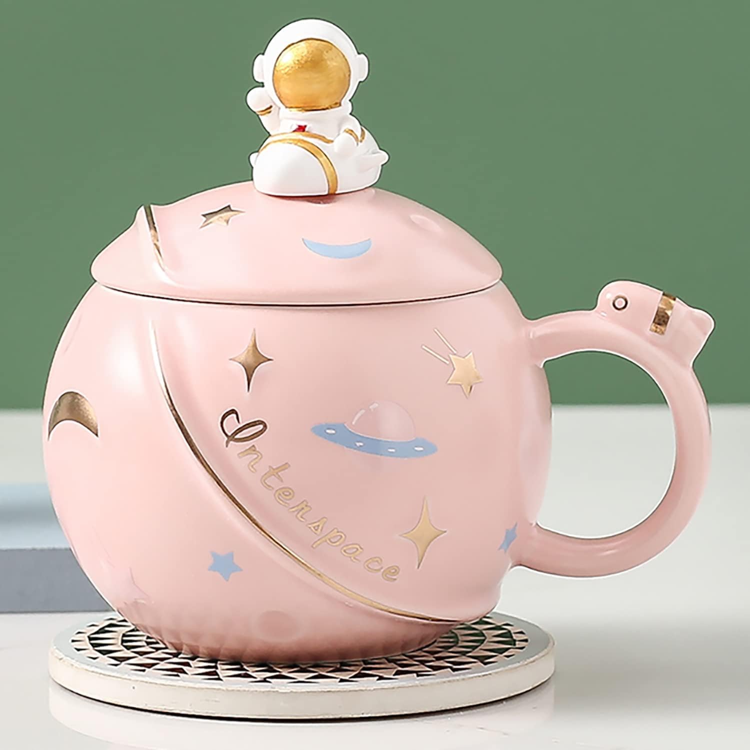 BonZeal Ceramic Space Mug Pink Astronaut Mug Mug for Coffee, Coffee Mug with Lid, Rakhi for Sister, Gift for Friends, Birthday G