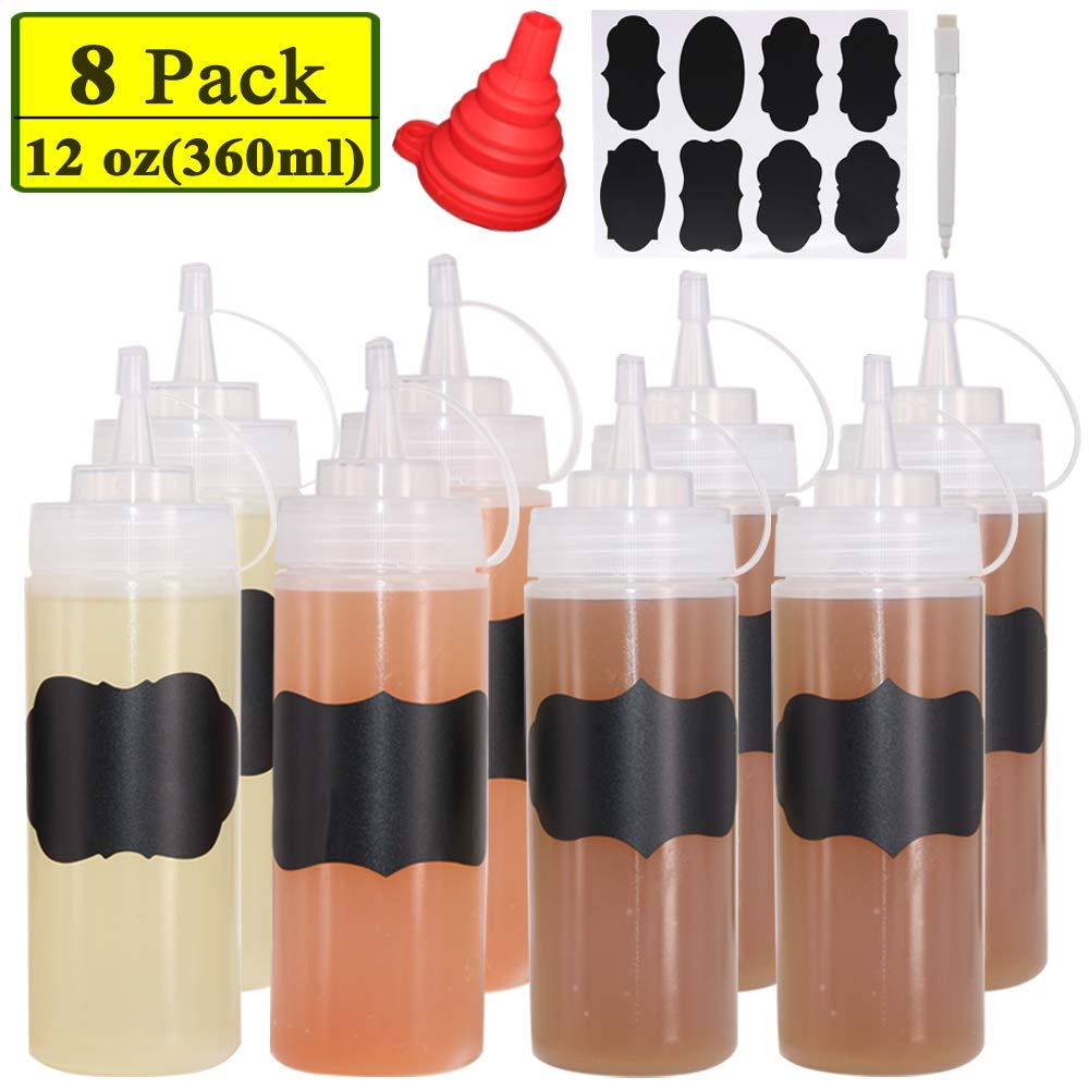 Belinlen 8 Pack 12 Oz Plastic Squeeze Squirt Condiment Bottles With Twist On Cap Lids - Perfect For Condiments, Oil, Icing, Liqu