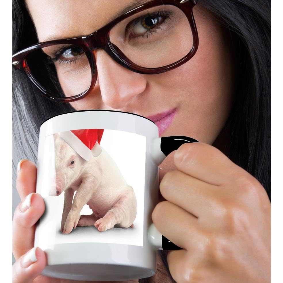 3dRose Christmas Pig-Two Tone Black Mug, 11-Ounce, Multicolored