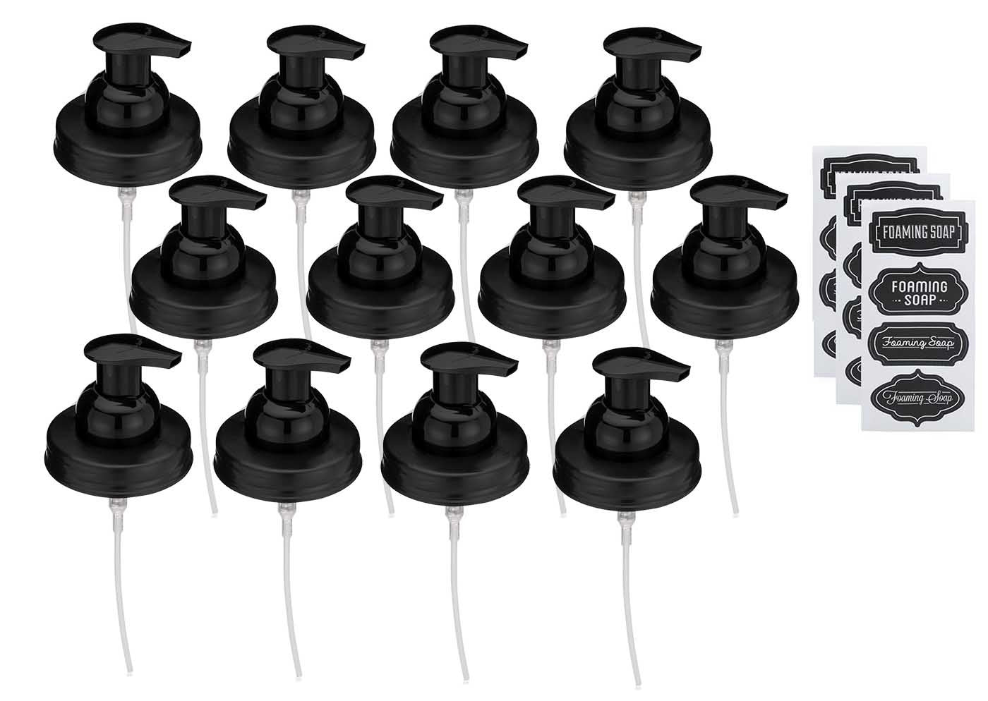 Jarmazing Products Mason Jar Foaming Soap Dispenser Lids - Includes Waterproof Stickers! Black - 12 Pack