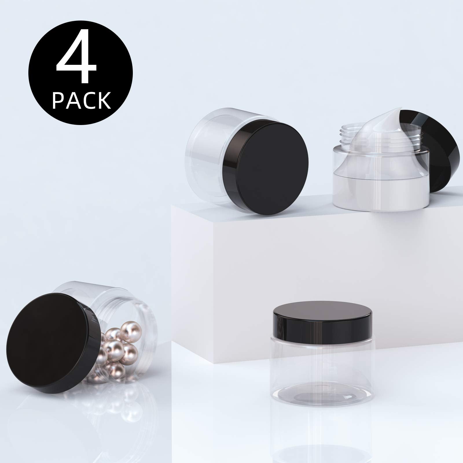 Patelai 4 Pieces Round Clear Wide-Mouth Leak Proof Plastic Container Jars With Lids For Travel Storage Makeup Beauty Products Fa