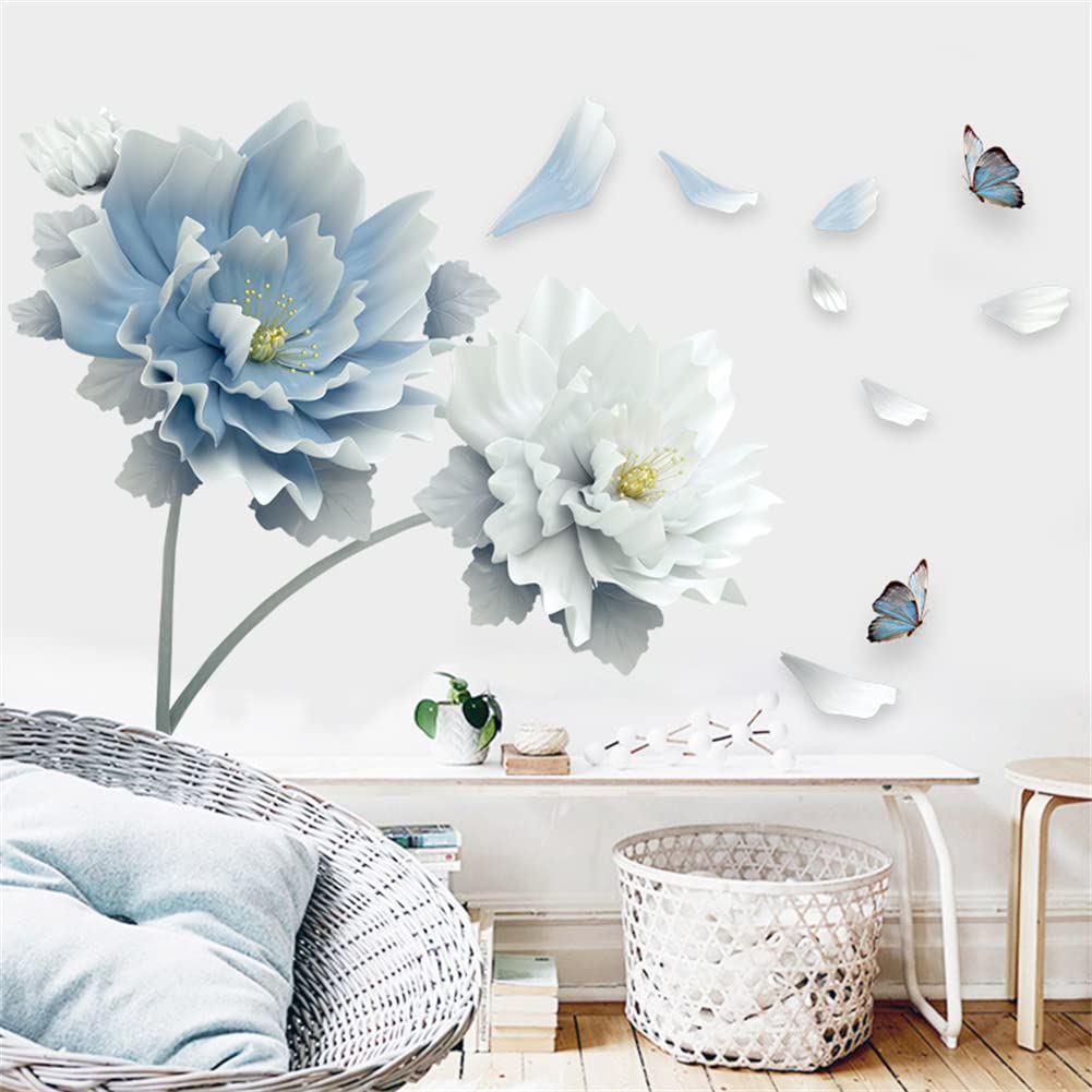 Blue Flower Wall Decals Stickers,Peel And Stick Flower Wall Sticker Diy Floral Wall Art For Bedroom Living Room Classroom Office