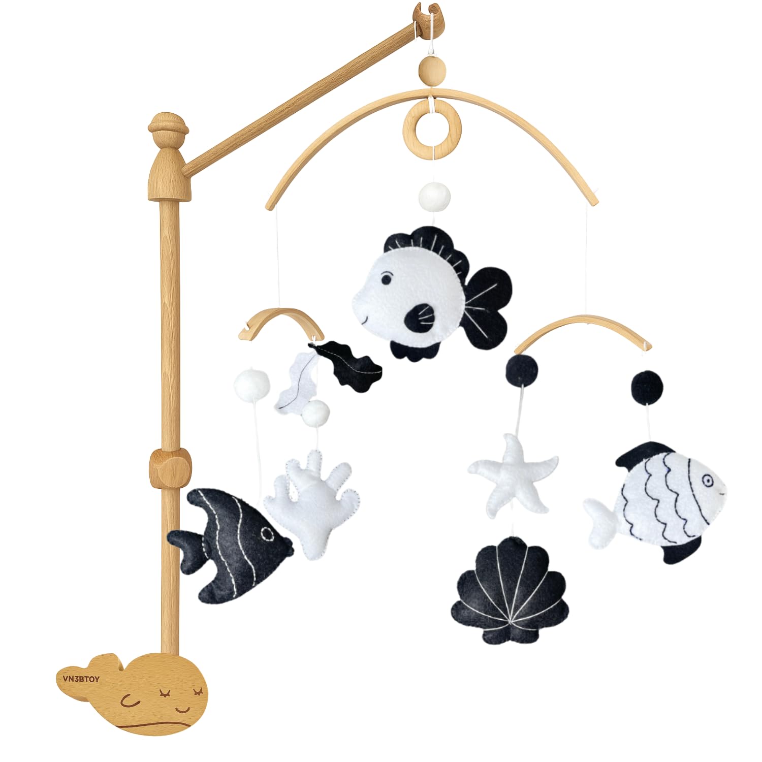 VN3BTOY High-Contrast Black & White Fish Montessori Baby Mobile for Crib, Adjustable Wooden Arm Holder, Easy Clip-On Nursery Dec