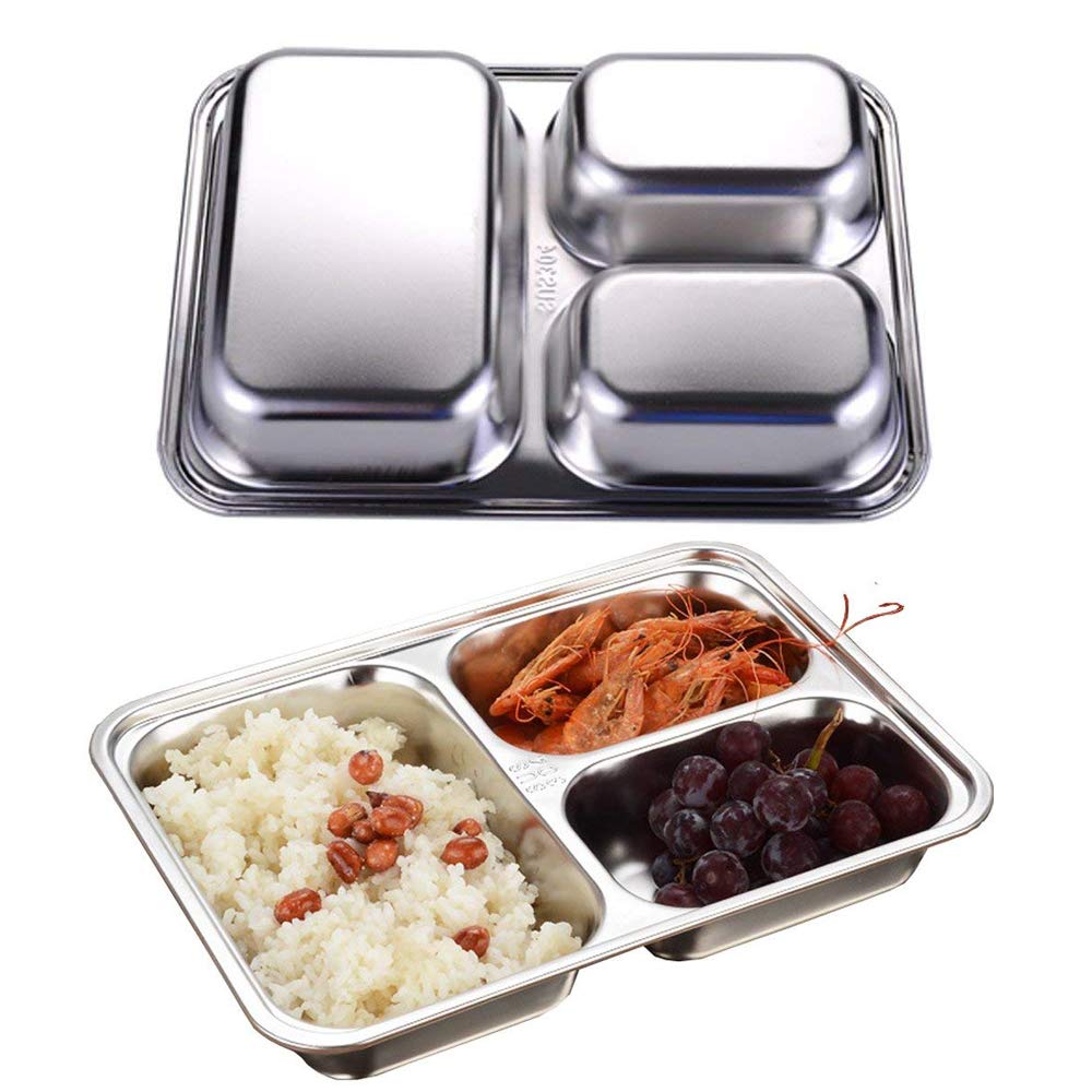 Aiyoo Set Of 2 Stainless Steel Rectangular Divided Plates Tray 3 Sections Dinner Plates For Adults - Unbreakable Metal Plate For