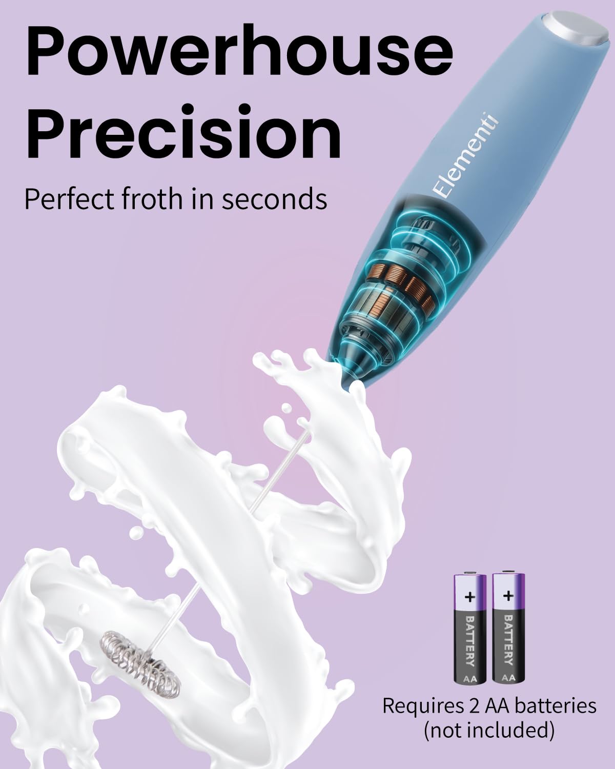 Elementi Milk Frother Wand & Matcha Mixer  Mini Electric Whisk for Coffee - Frother for Coffee - Milk Frother Handheld - Coffee Stirrers Electric Matcha Frother & Hand Whisk (Light Blue)