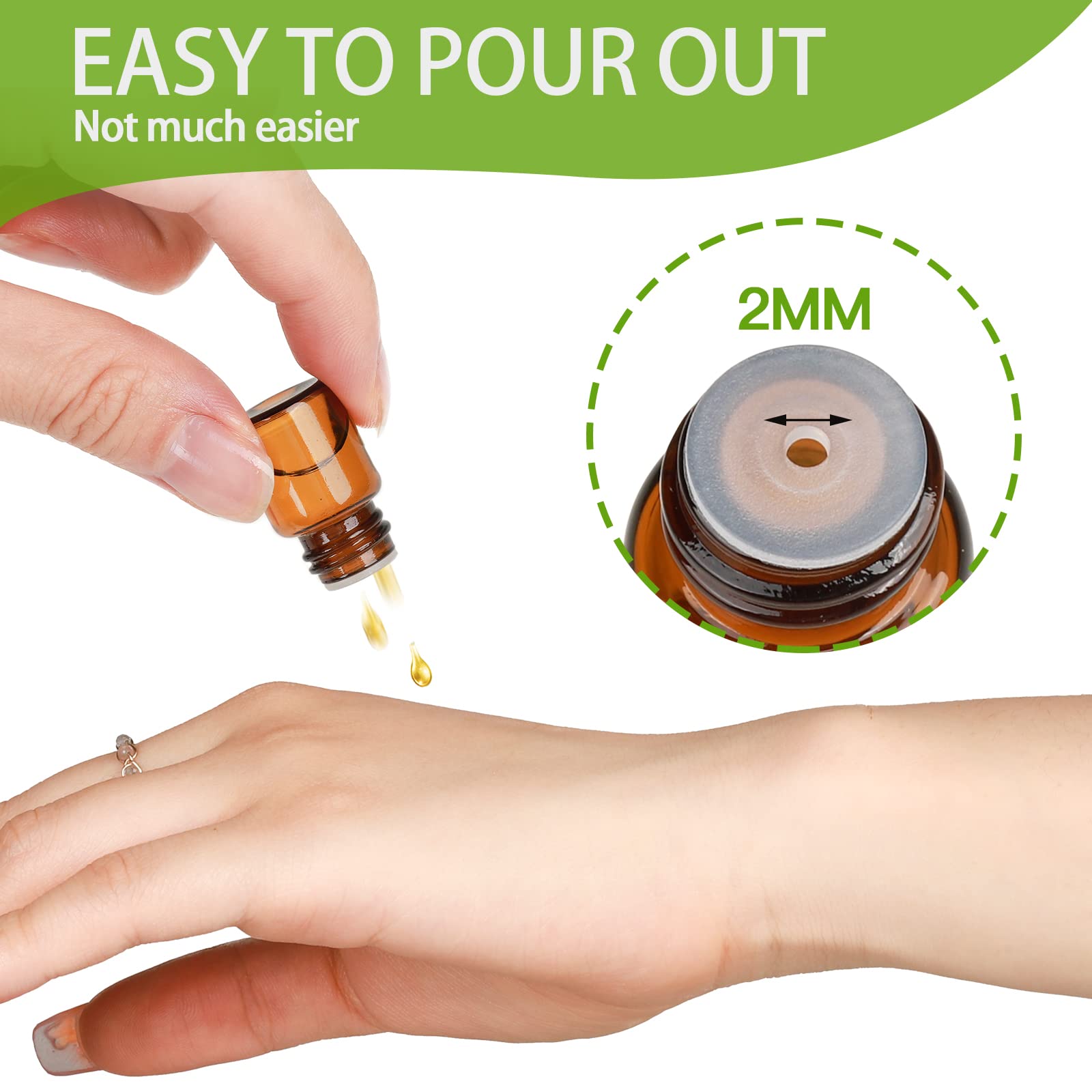 Teenitor Oil Bottles for Essential Oils  36 Pcs 2 ml (5/8 Dram) Amber Glass Vials Bottles  with Orifice Reducers and Black Caps  with 2 Free Glass Transfer Eye Droppers
