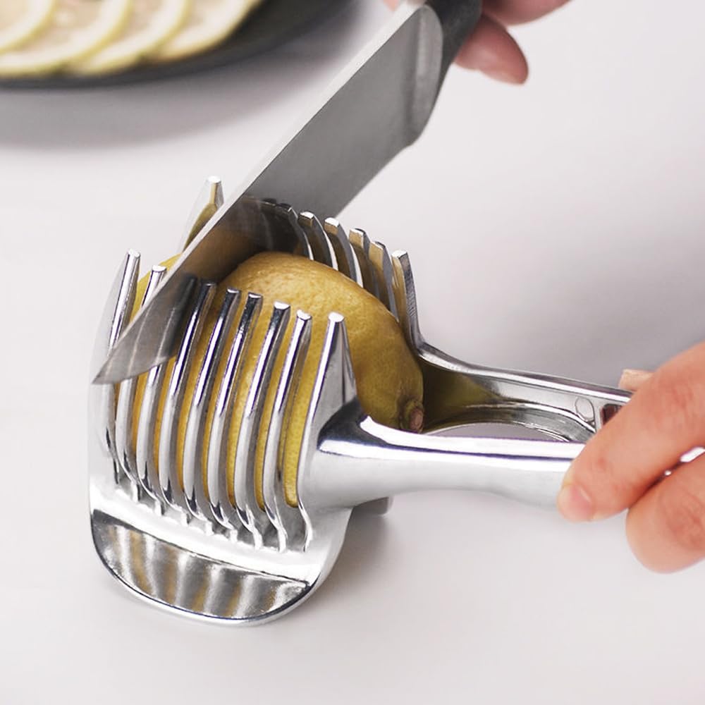 Stainless Steel Onion Slicer, Lemon Slicer Tomato Slicer Multipurpose Handheld Round Fruit Tongs Of Onions, Avocados, Eggs And O