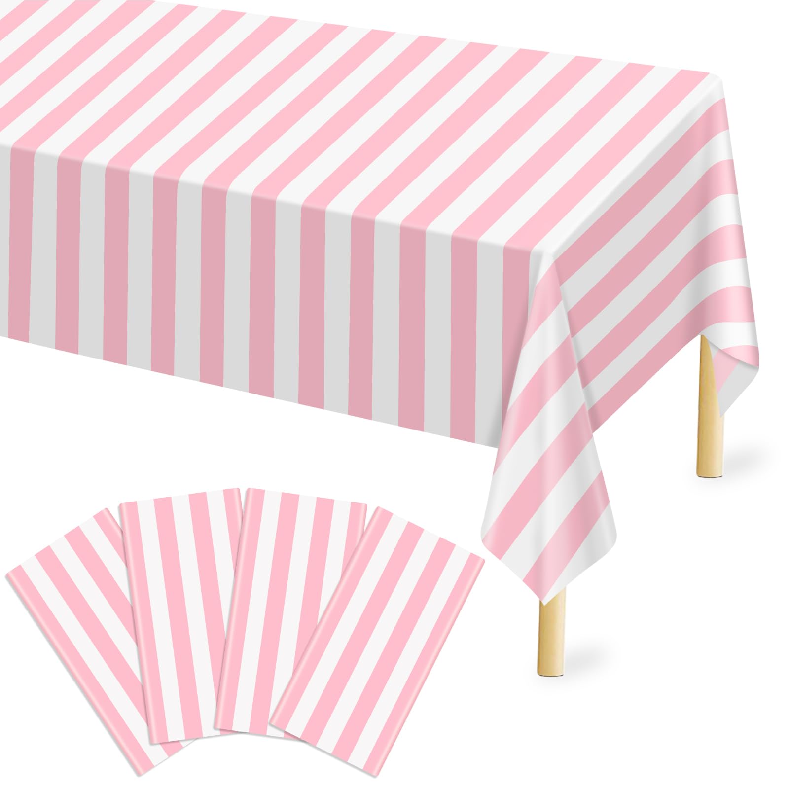 Mulbozy Plastic Table Cloth Disposable 4 Pack, 54    108 Inch Pink and White Stripe Tablecloths, Pink Plastic Table Cover for Ca