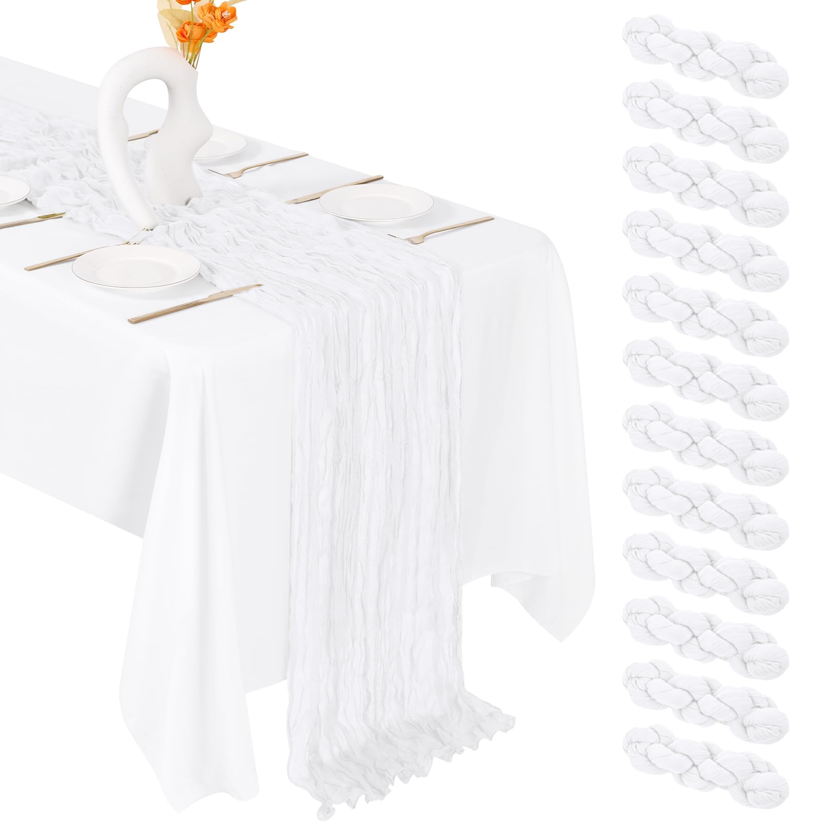 FANTEKE 12 Pack White Cheesecloth Table Runner 20 x 120 Inch Gauze Table Runner Fabric Semi Sheer Cheese Cloth Table Decor Bulk 
