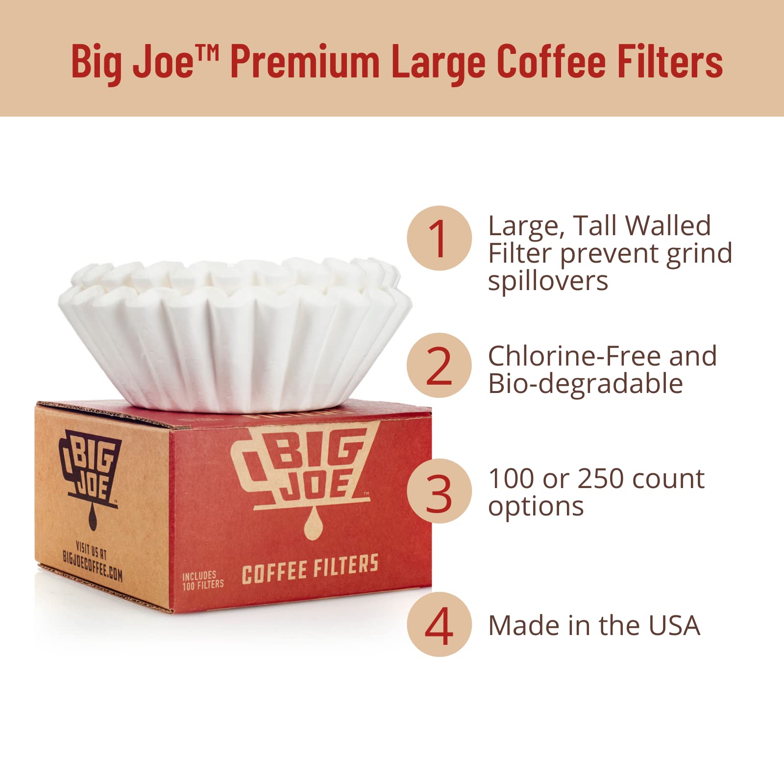 Big Joe Large Coffee Filters (500 Count) - Tall Walled Commercial Coffee Filters (4  Inch Base, 2  Inch Walls, 9  Inch Laying Fl