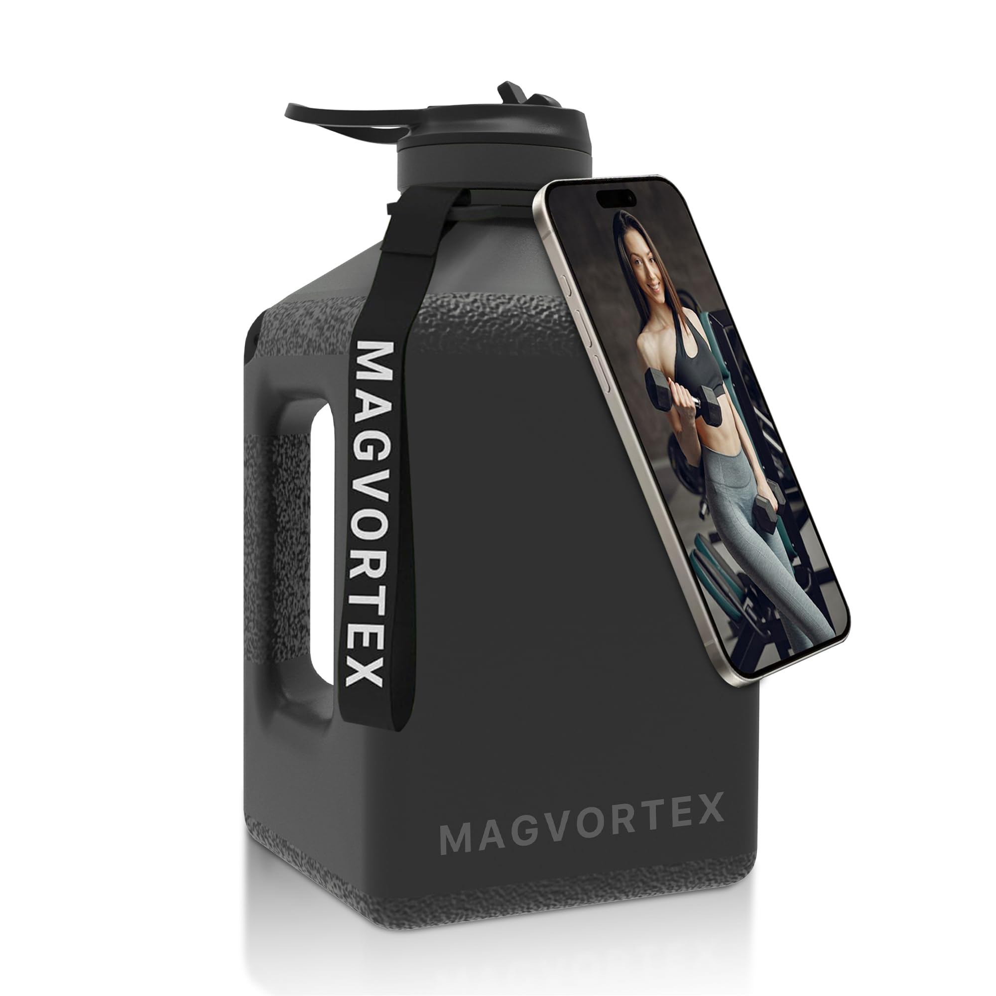 MAGVORTEX 91oz Gym Daily Water Bottle Black  Large BPAFree PETG Jug with Magnetic Plate Phone Mount, Leakproof FlipTop Lid, W
