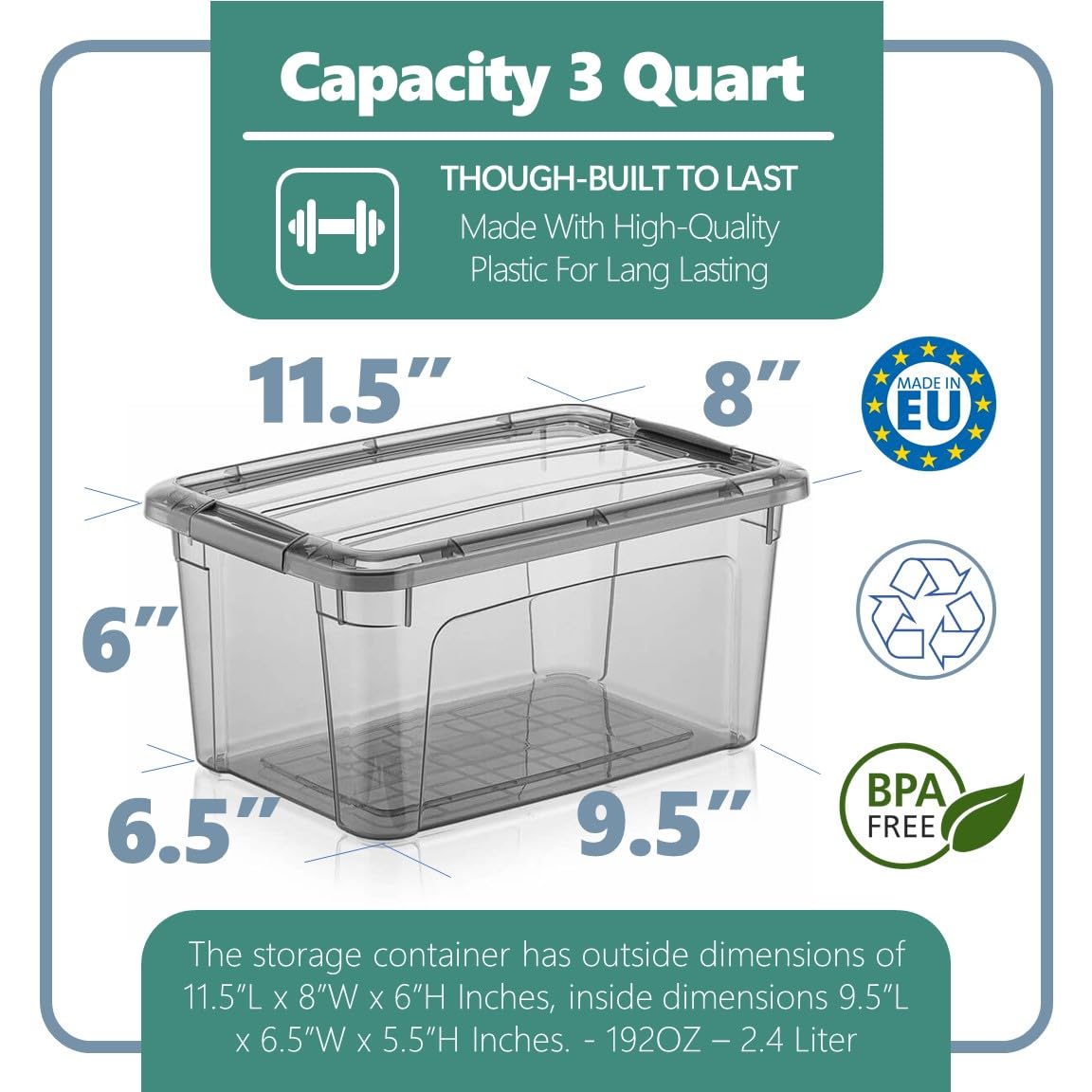 Tribello 6 Quart Storage Containers With Lids, Plastic Storage Bins With Latching Lids For Organizing - Tinted - (11.5 X 8    X