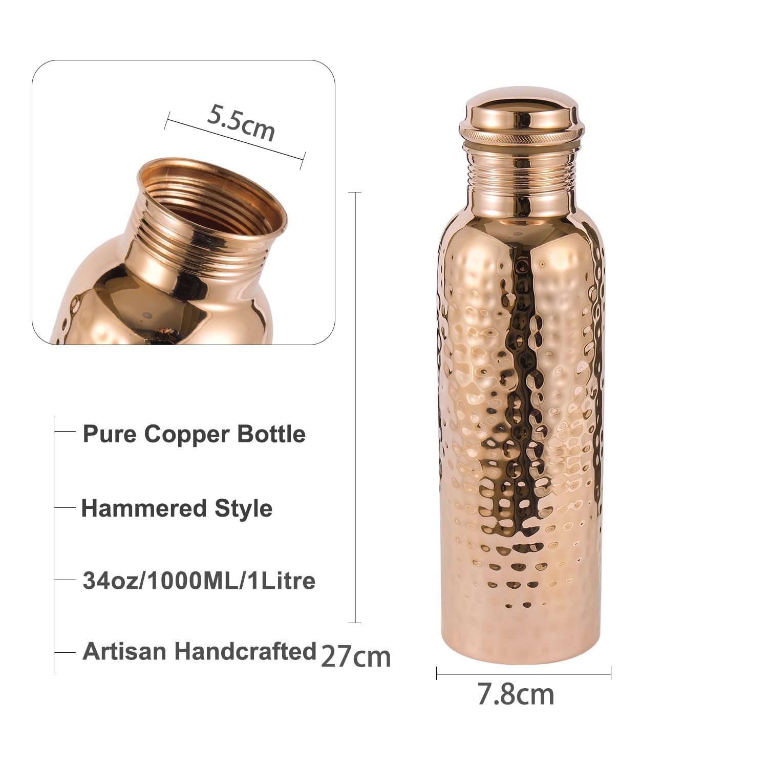 Copper Water Bottle With Jute Bag - 34 Oz Extra Large, Pure Copper Vessel For Drinking - Drink More Water - Copper Bottle For He