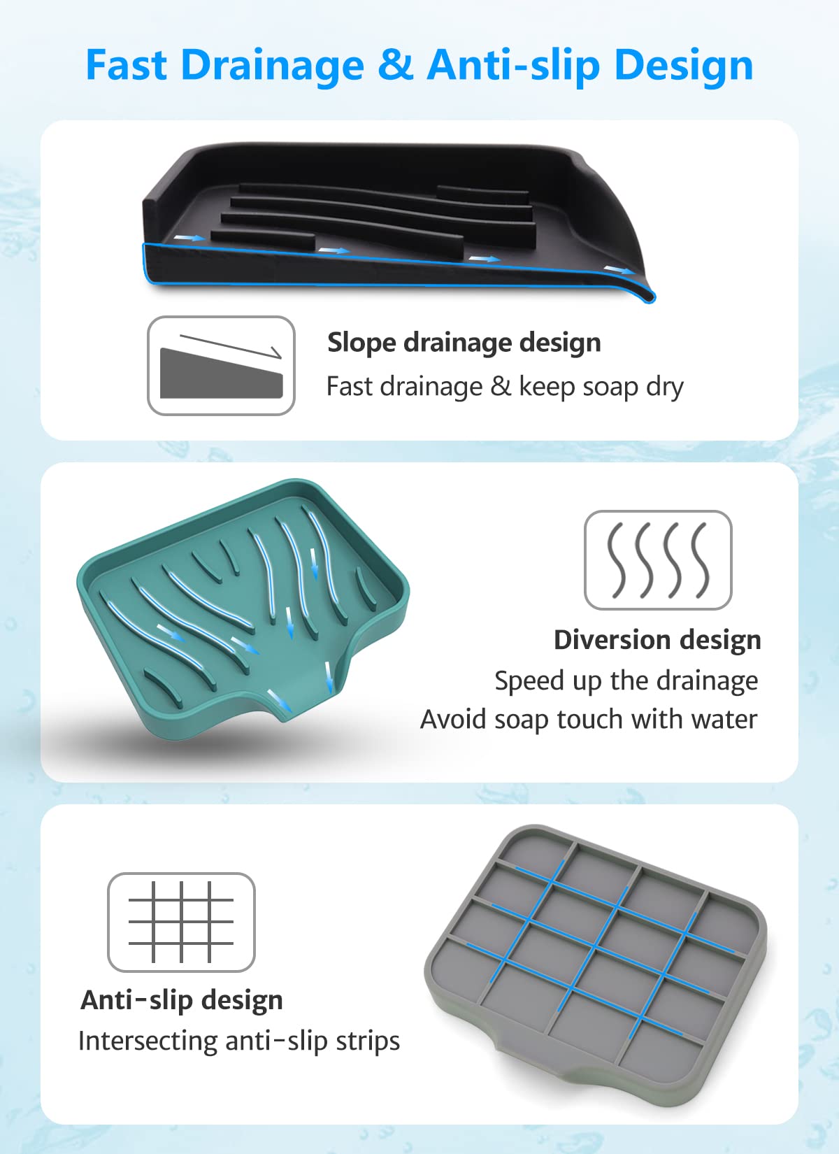 3-Pack Premium Dishes For Bar Soap, Easy To Clean, Soft Silicone Self Draining Soap Tray/Holder For Shower, Bathroom, Kitchen, B